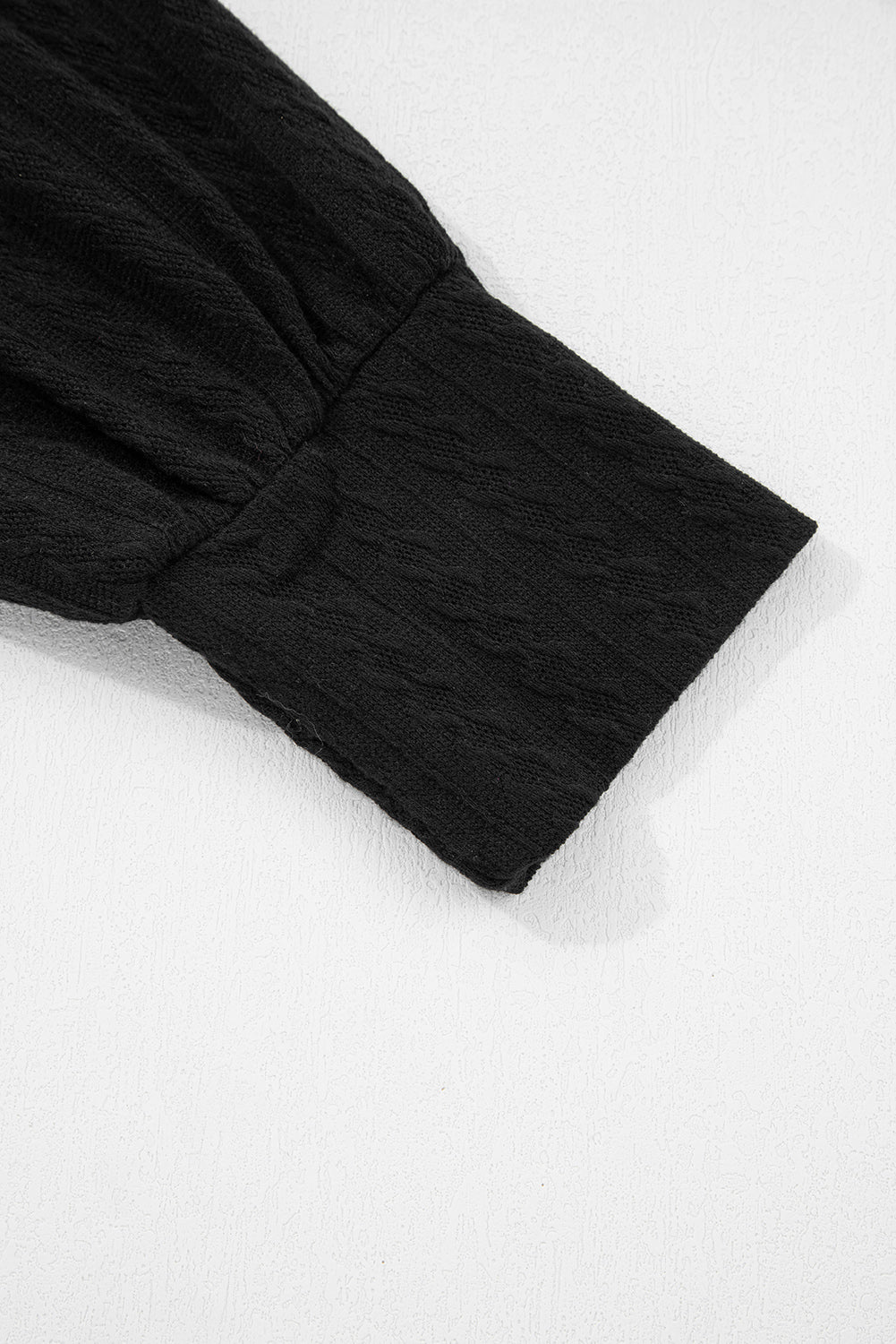 Black Textured Chest Pocket Long Sleeve Top 2Pcs Pants Set