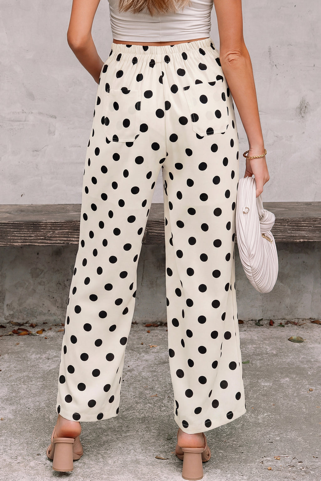 Black Polka Dot Print Patched Pocket Mid-rise Straight Leg Pants