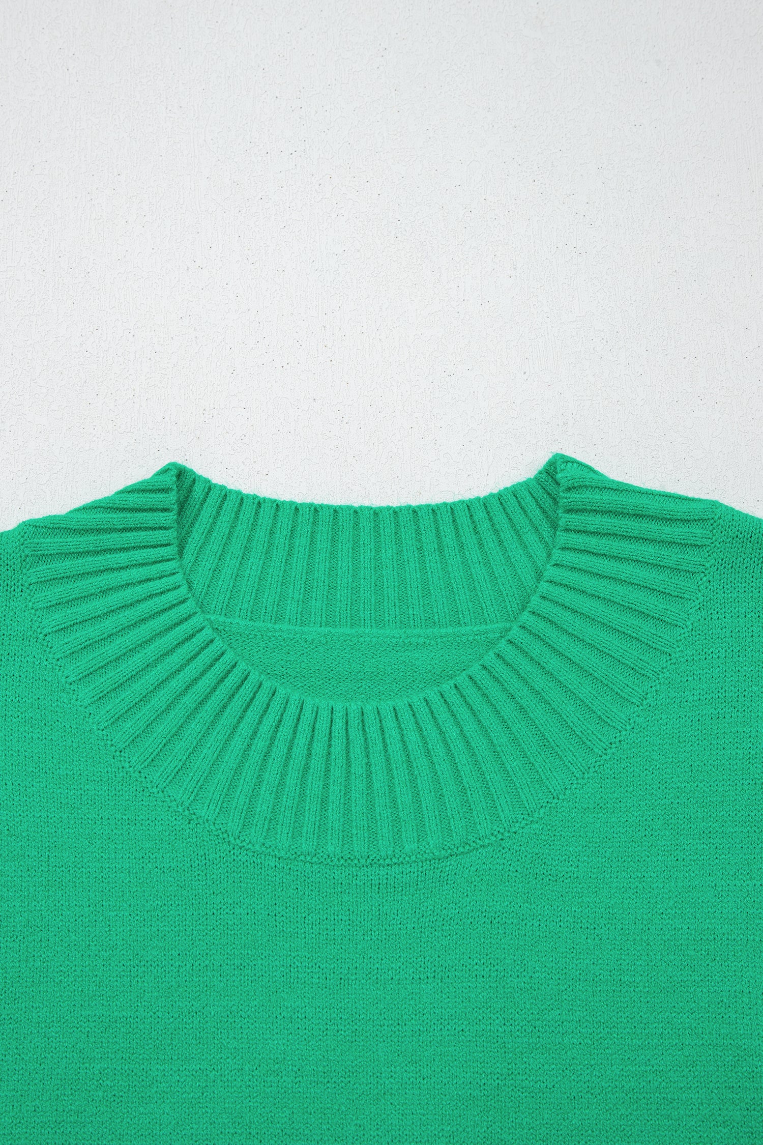 Bright Green Solid Color Ribbed Trim Round Neck Ruffle Short Sleeve Sweater