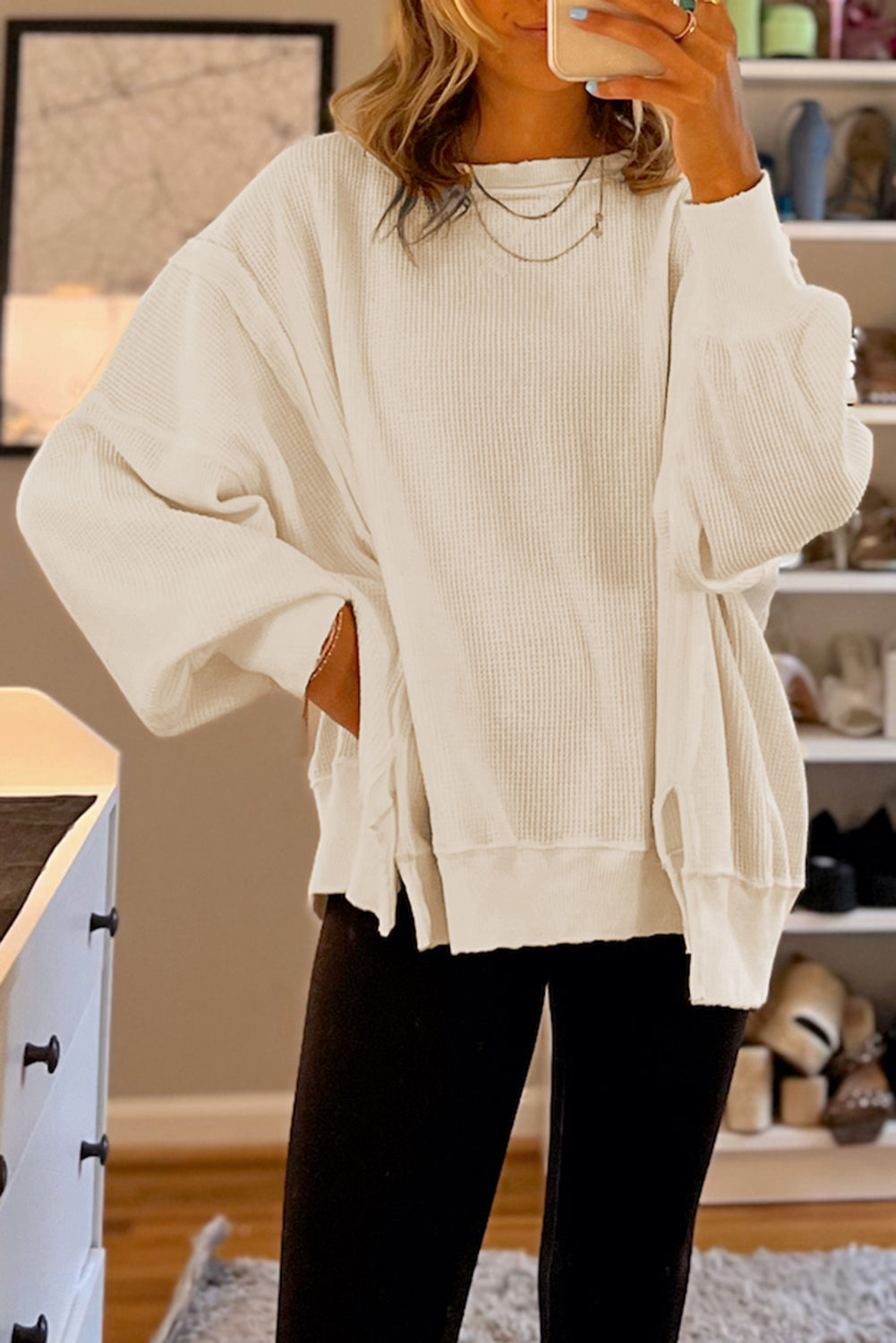 Pink Waffle knit Bishop Sleeve Split Oversized Top