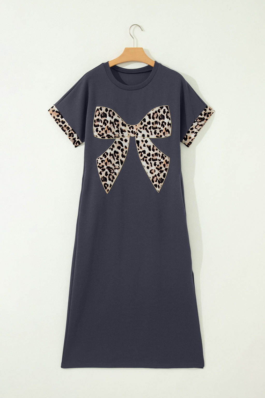 White Contrast Leopard Bow Patched Short Sleeve T Shirt Long Dress