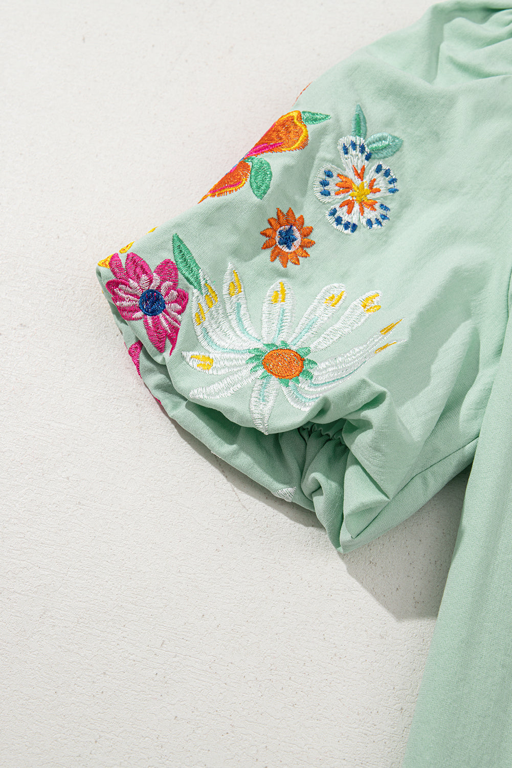 Clearly Aqua Floral Embroidered Puff Sleeve Split Neck Blouse