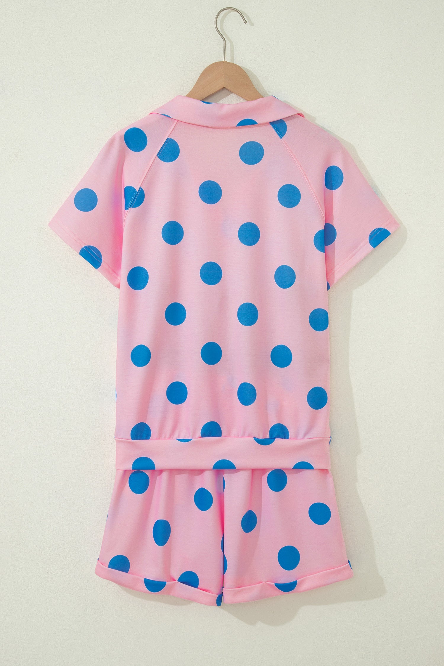 Beige Polka Dot Print V Neck Tee Short Set