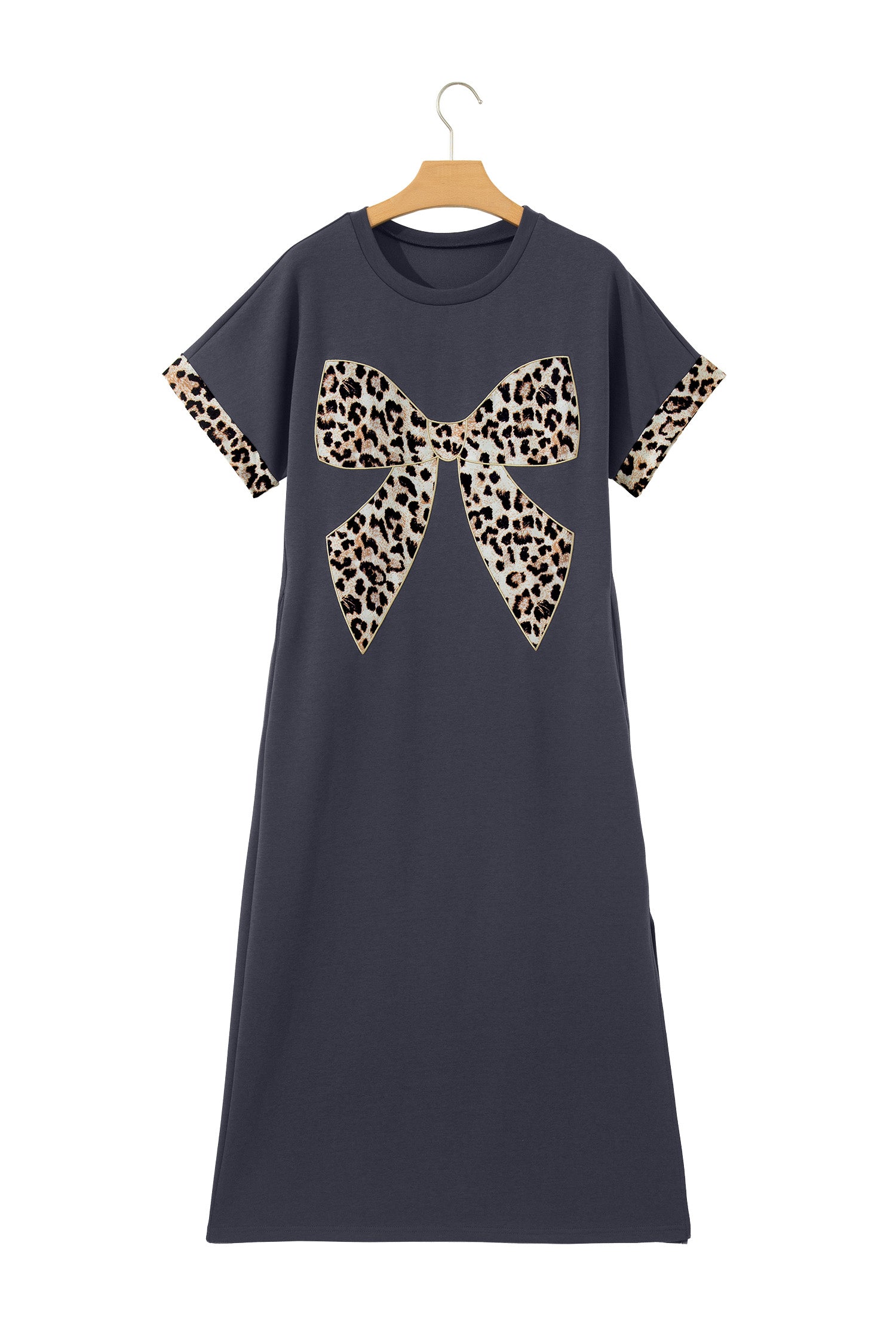 White Contrast Leopard Bow Patched Short Sleeve T Shirt Long Dress