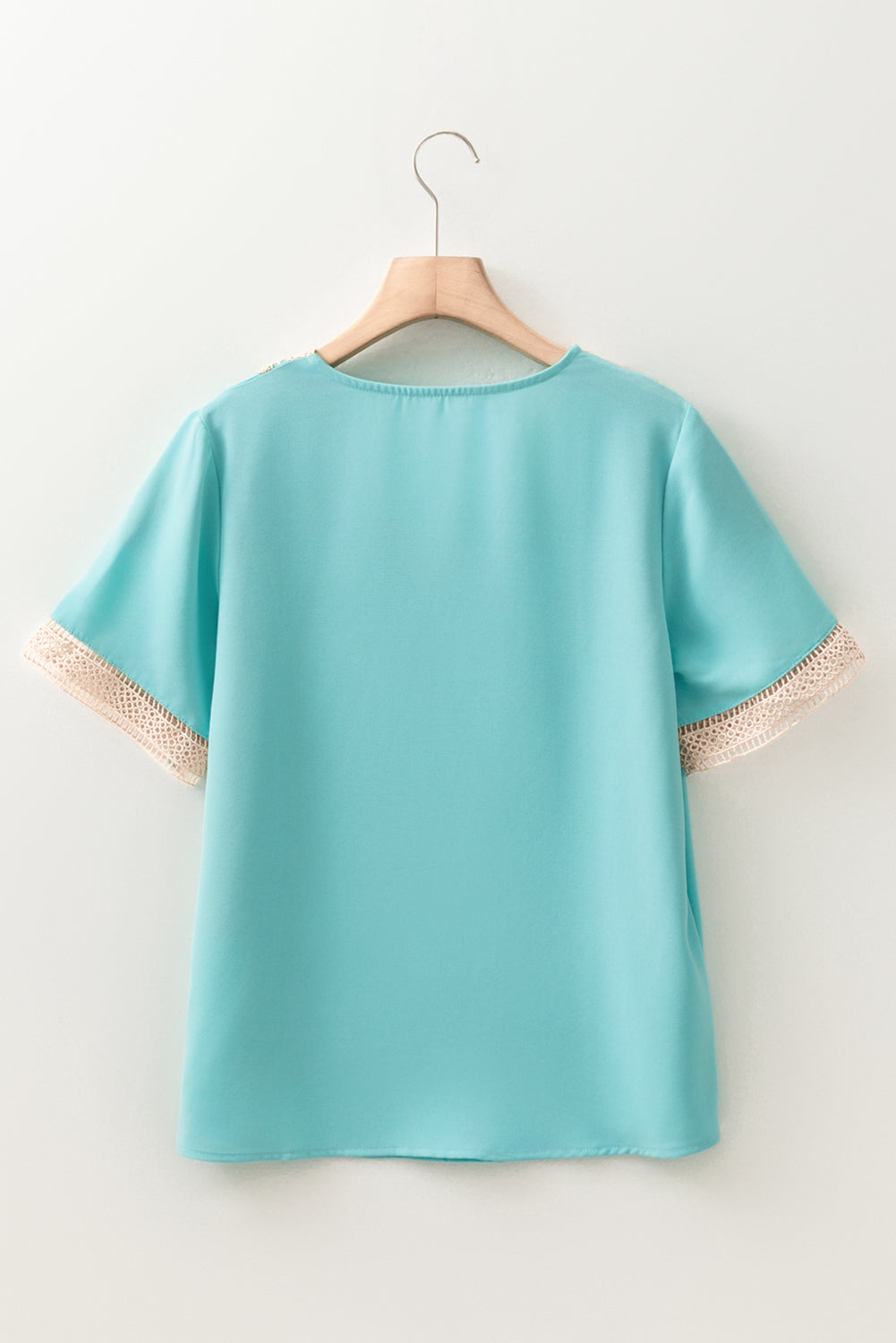 Green Lace Trim V Neck Short Sleeve Blouse