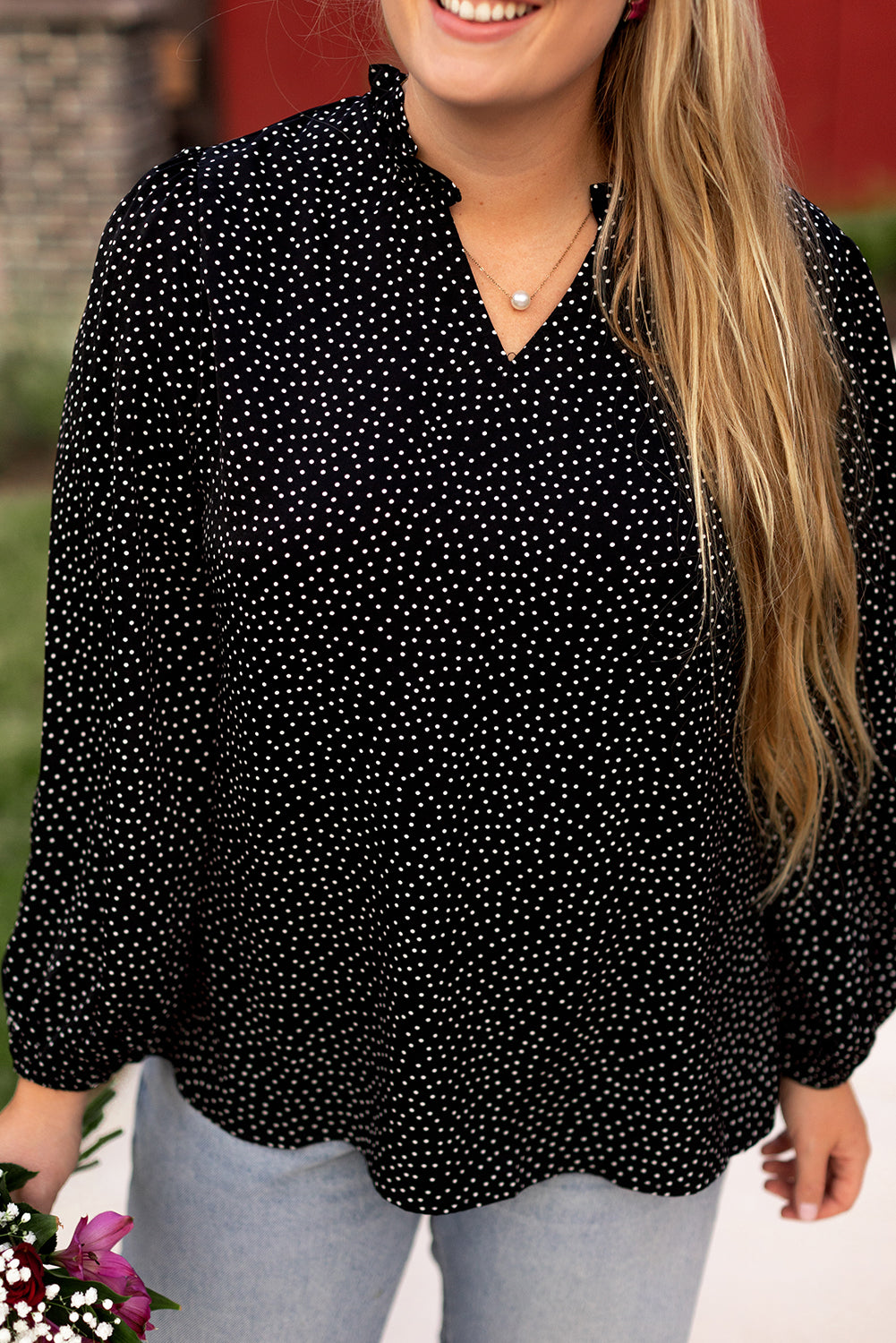 Black Plus Size Polka Dot Print Notch V Neck Blouse