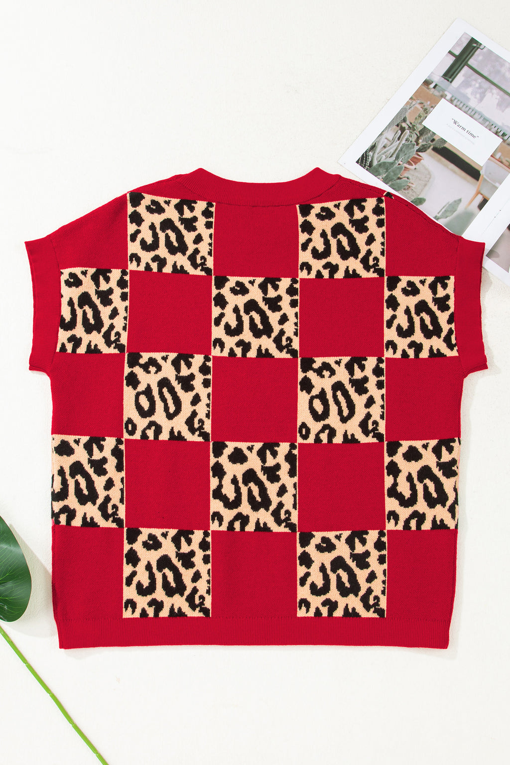 Green Leopard Checkerboard Short Sleeve Knit Sweater