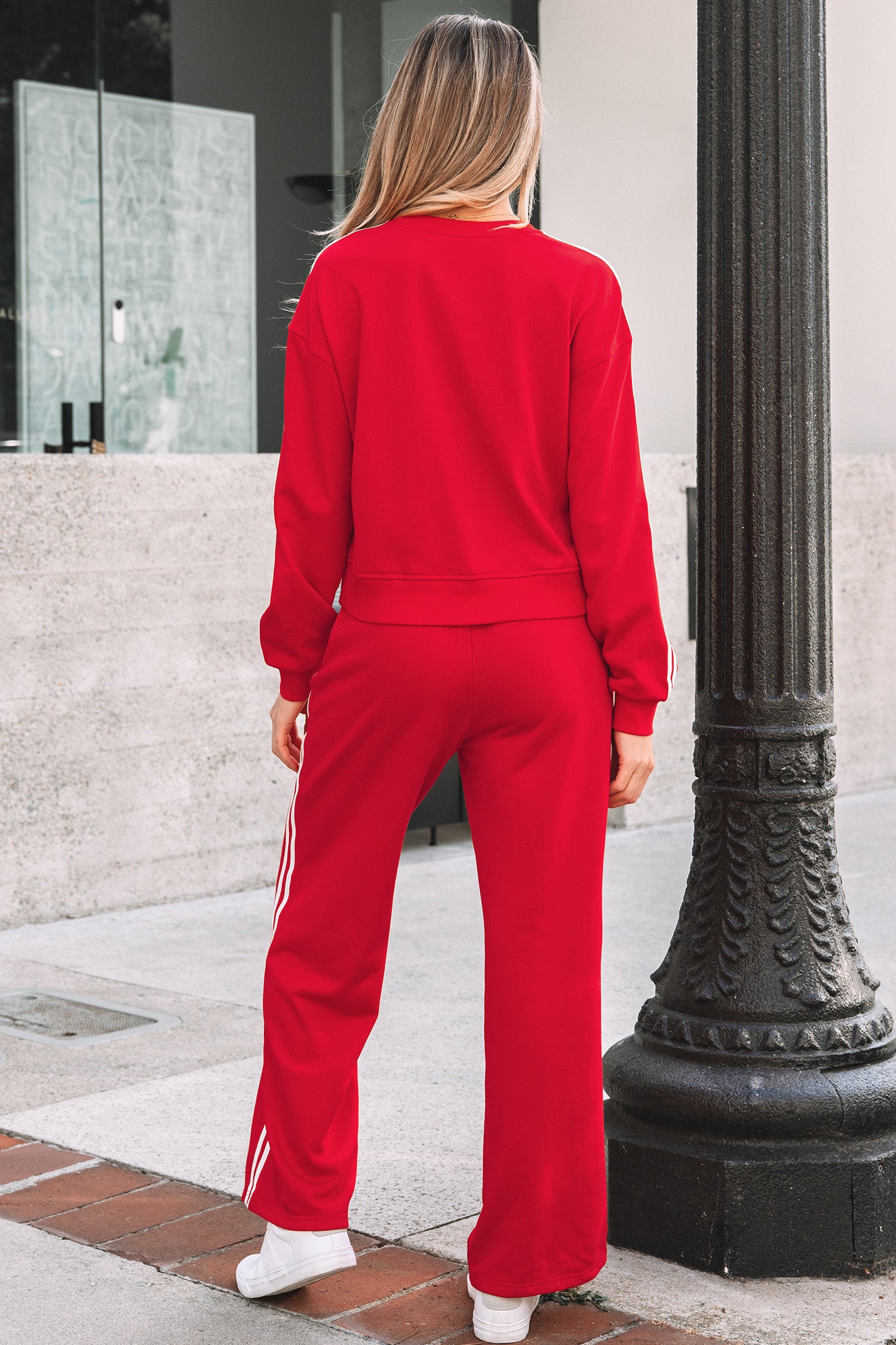Gray Morn Varsity Striped Detail Crewneck Pullover Elastic Sweatpants 2pcs Outfit