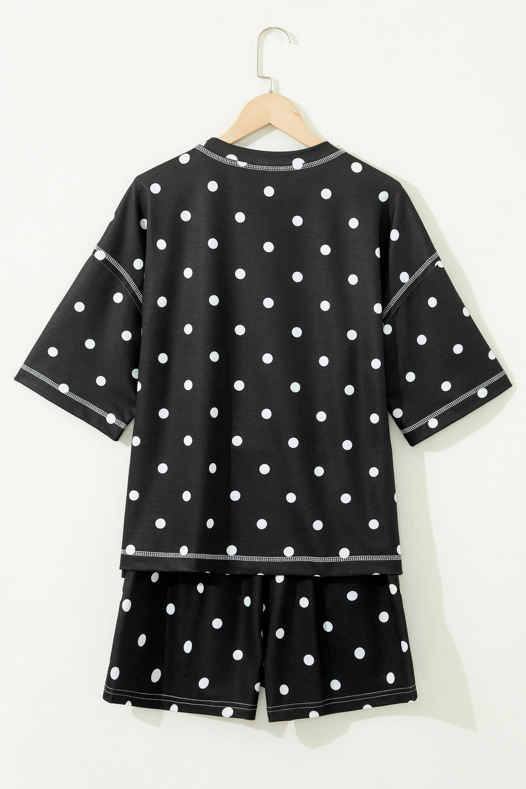 White Exposed Seam Detail Polka Dot Loose Tee Drawstring Shorts Set