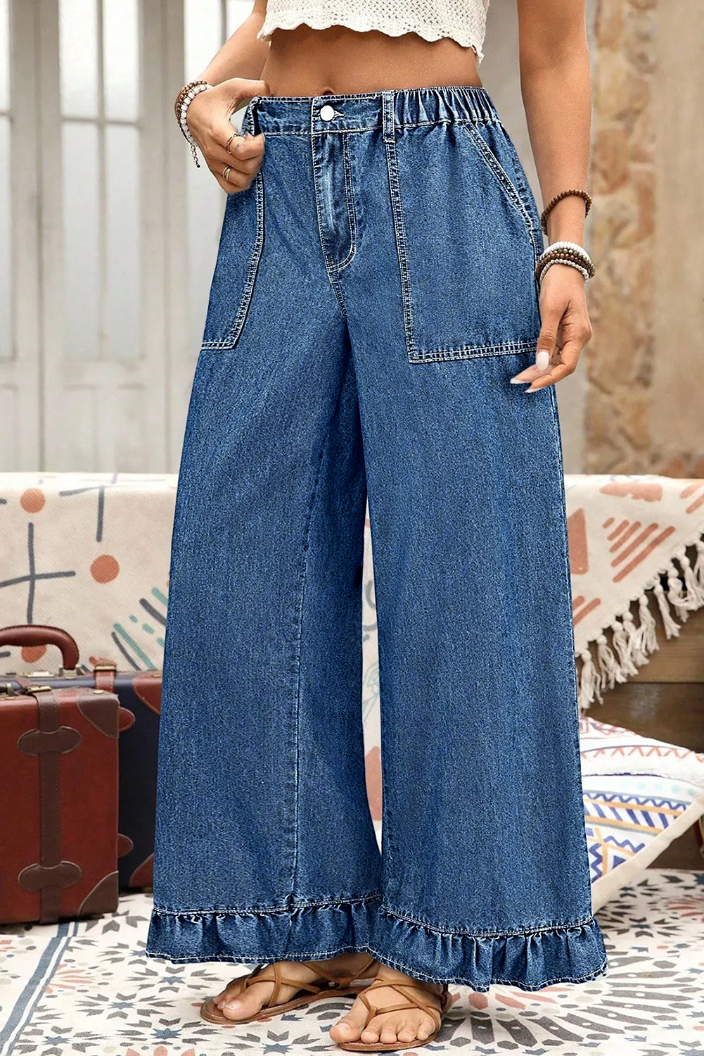 Dirty blue Plus Size Elastic Waist Ruffled Wide Leg Denim Pants