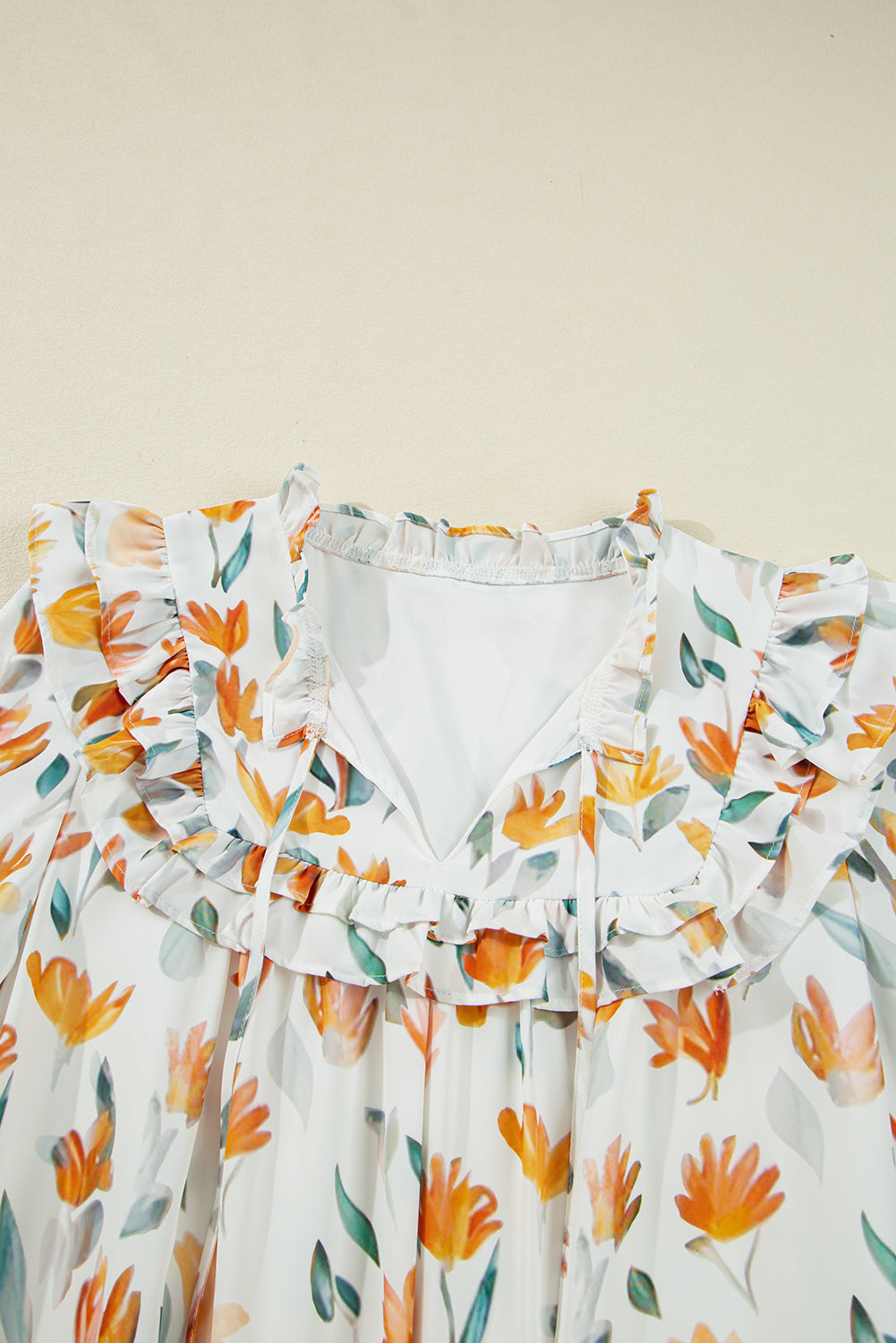Yellow Floral Print Tie Neck Frilled Detail Long Sleeve Mini Dress