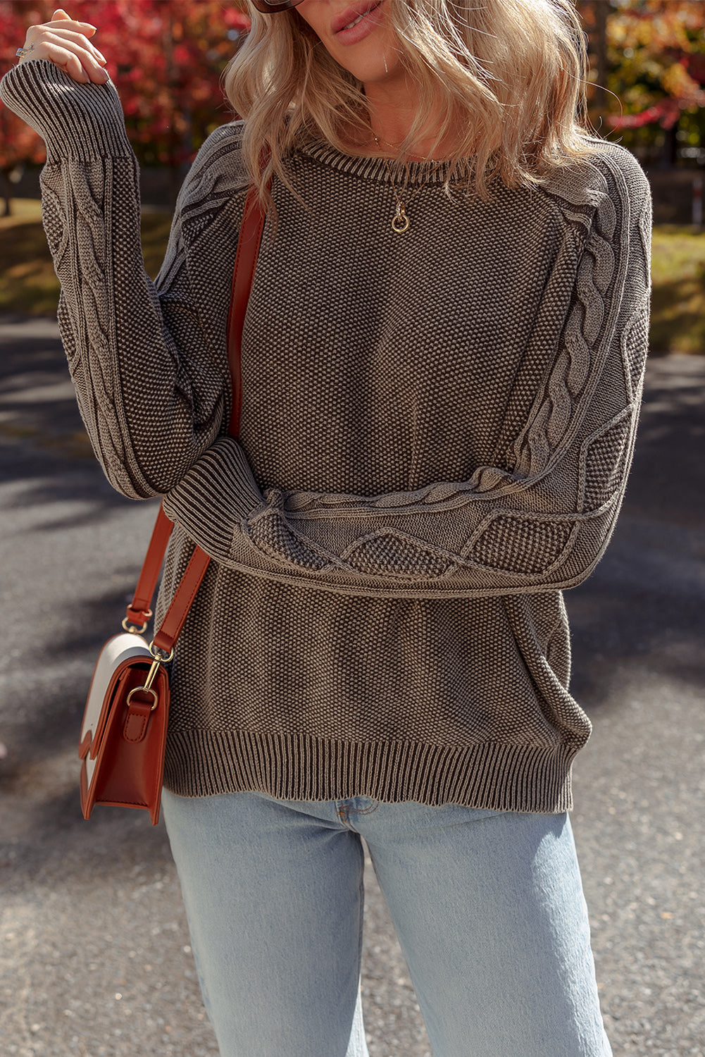 Dark Brown Contrast Cable Knit Sleeve Casual Sweater