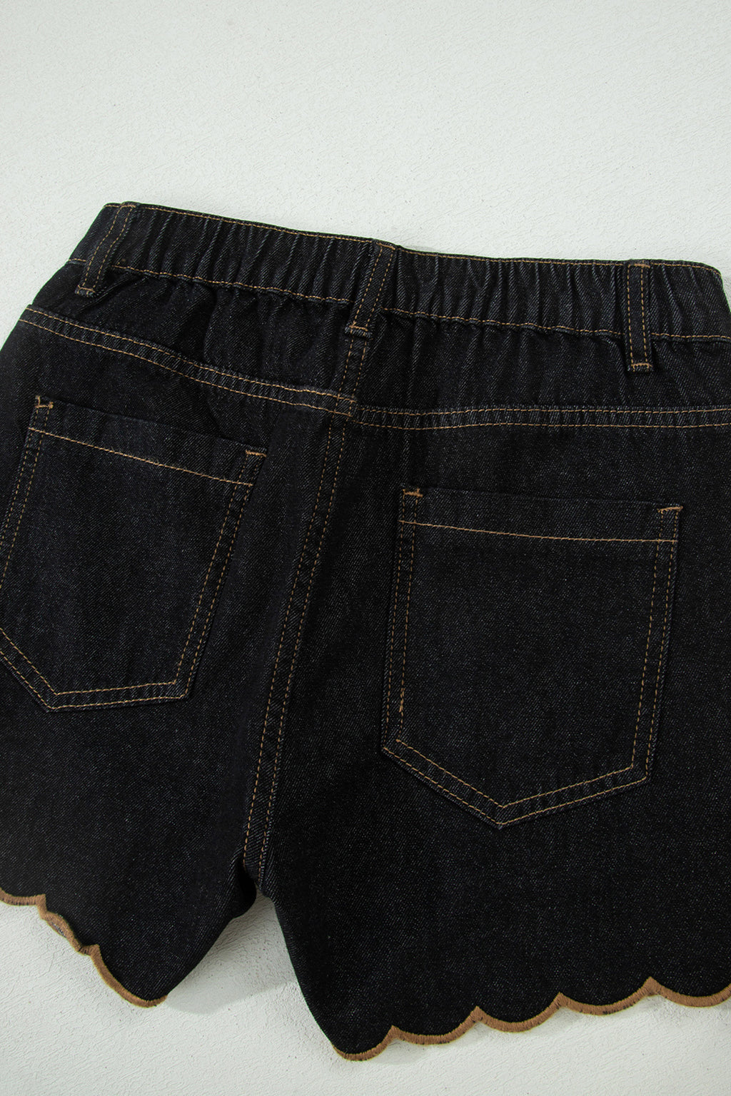 Navy Blue Embroidered Scalloped Trim Relaxed Denim Shorts