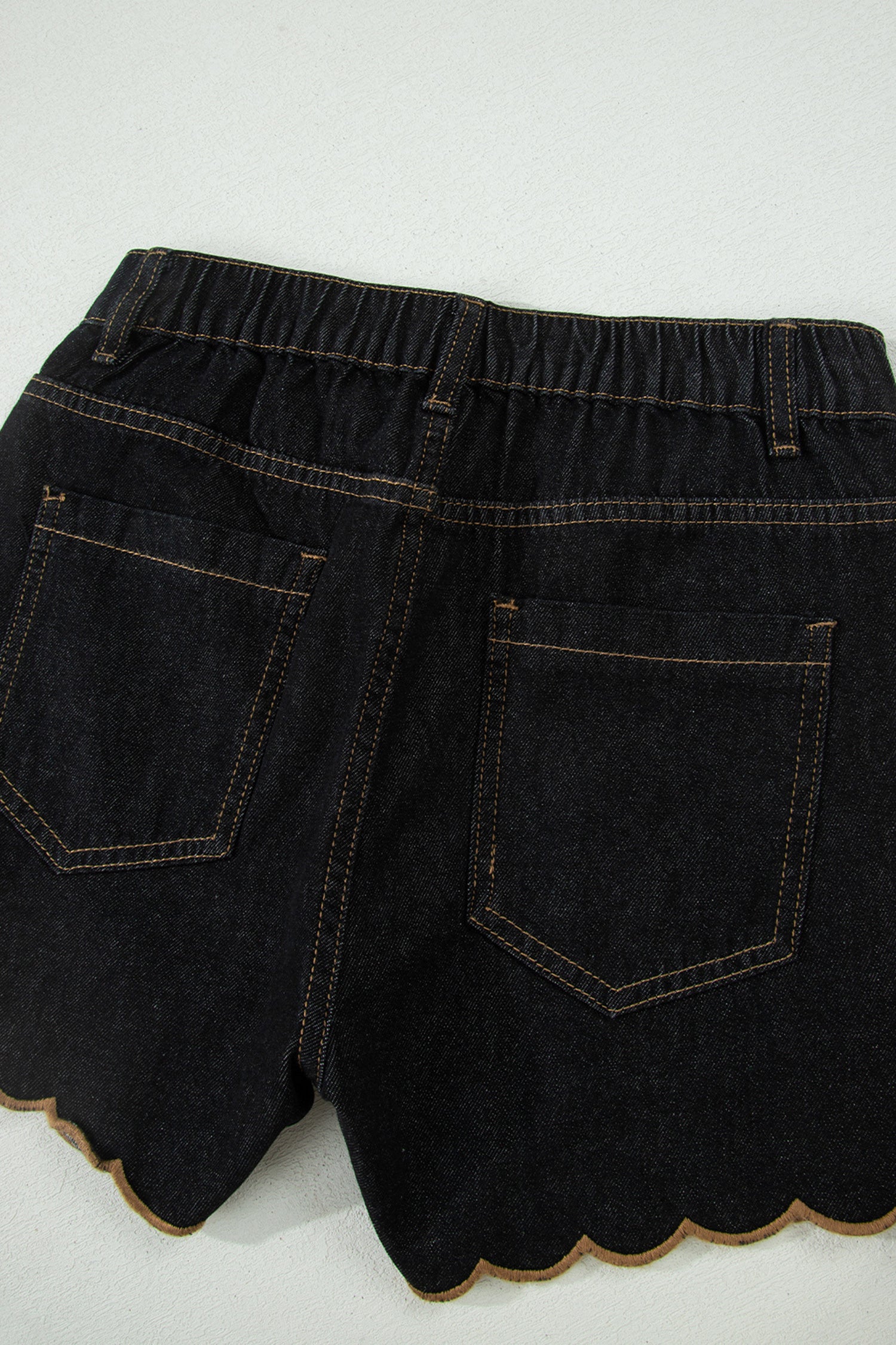 Navy Blue Embroidered Scalloped Trim Relaxed Denim Shorts