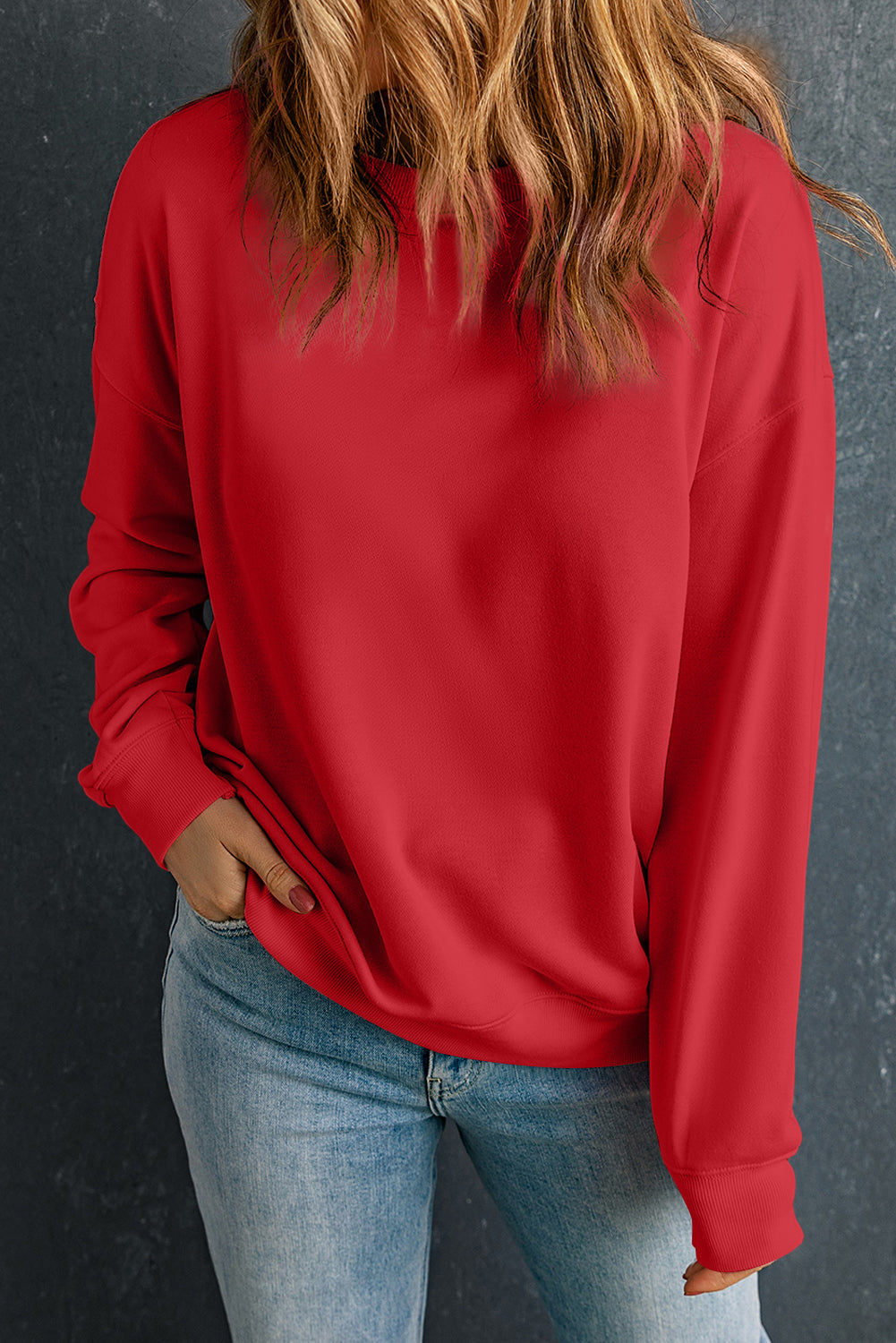 Pink Solid Classic Crewneck Pullover Sweatshirt