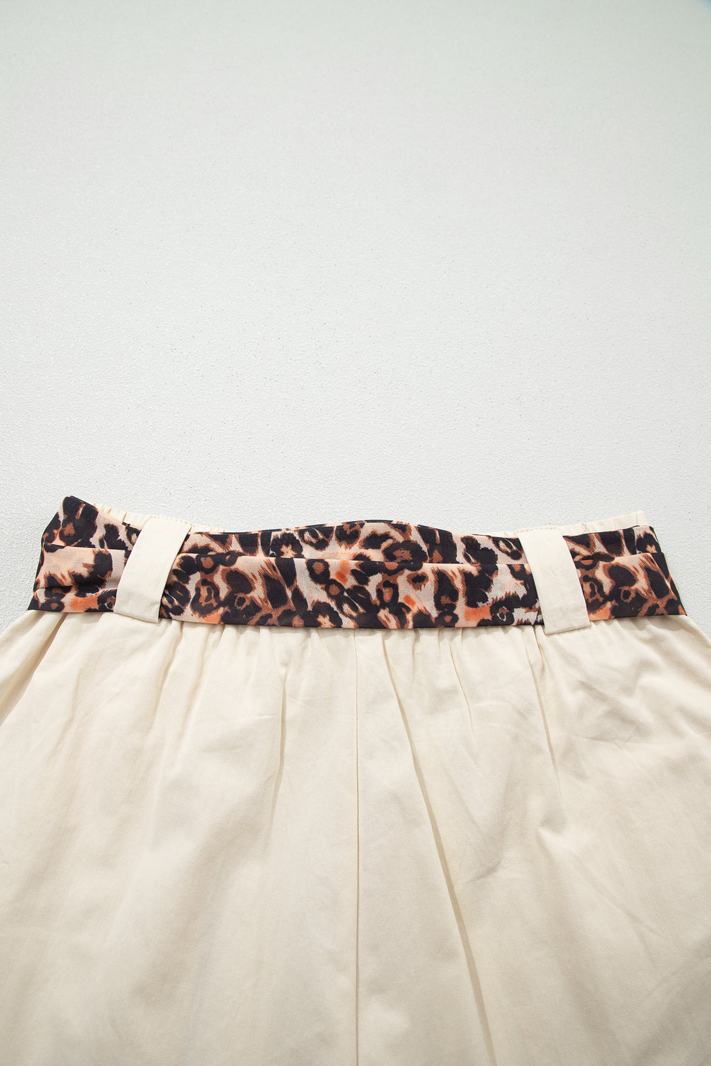 Bright Pink Leopard Contrast Sash Belt Pleated Wide Leg Shorts