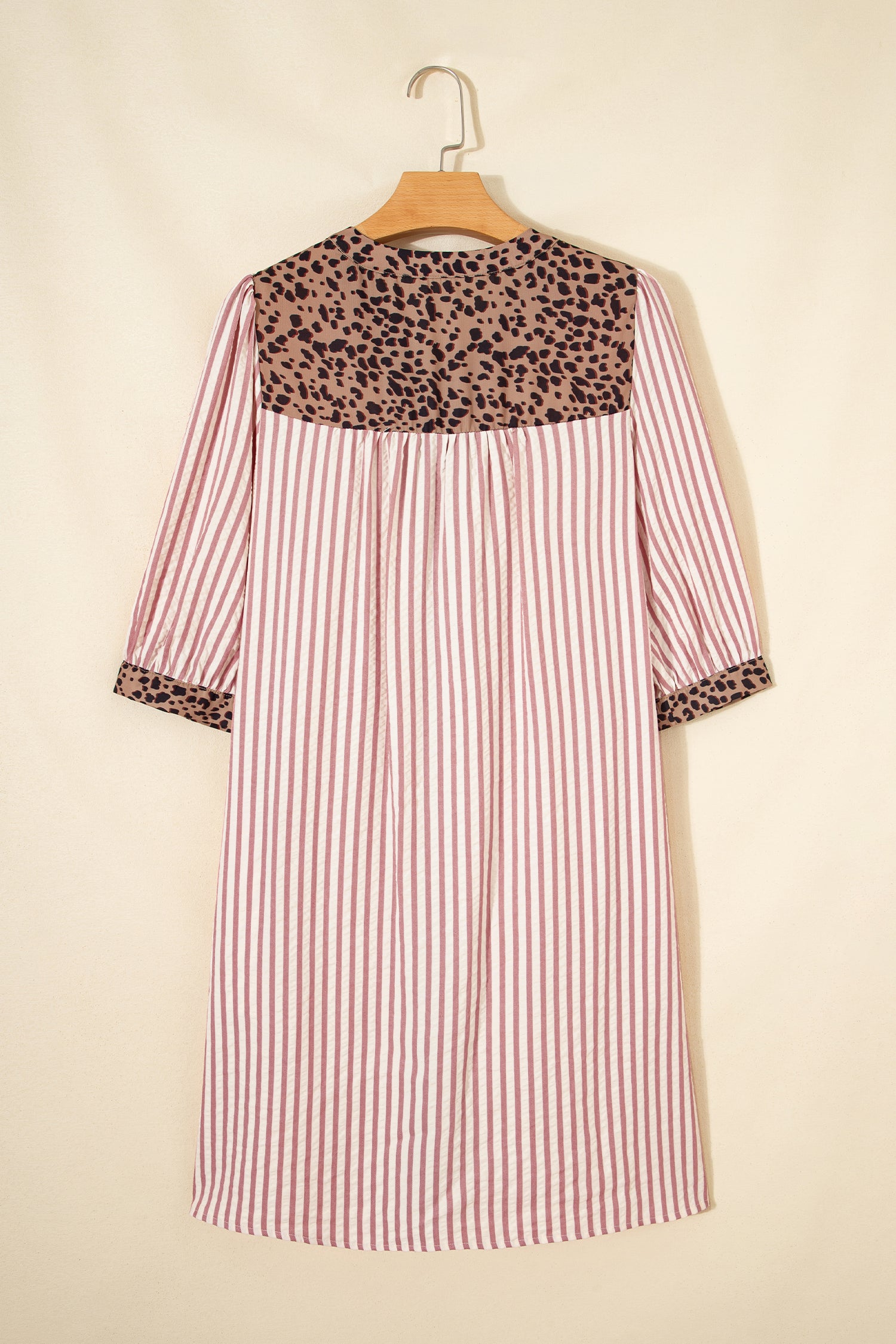 Pink Stripe Square Button Leopard Trim Loose Bracelet Sleeve Shirt Dress