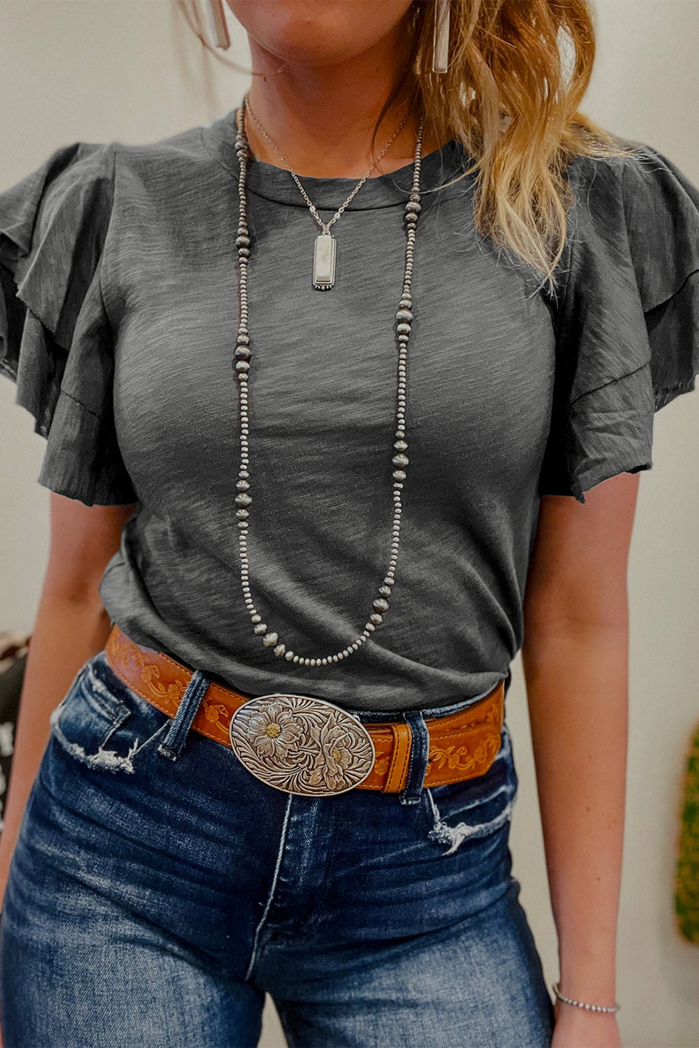 Dark Grey Layered Ruffle Short Sleeve Round Neck Top