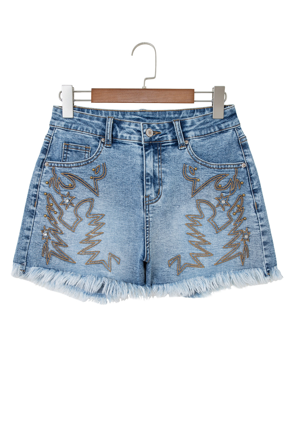Dusk Blue Western Embroidery Stud Denim Shorts Summer Daily Wear