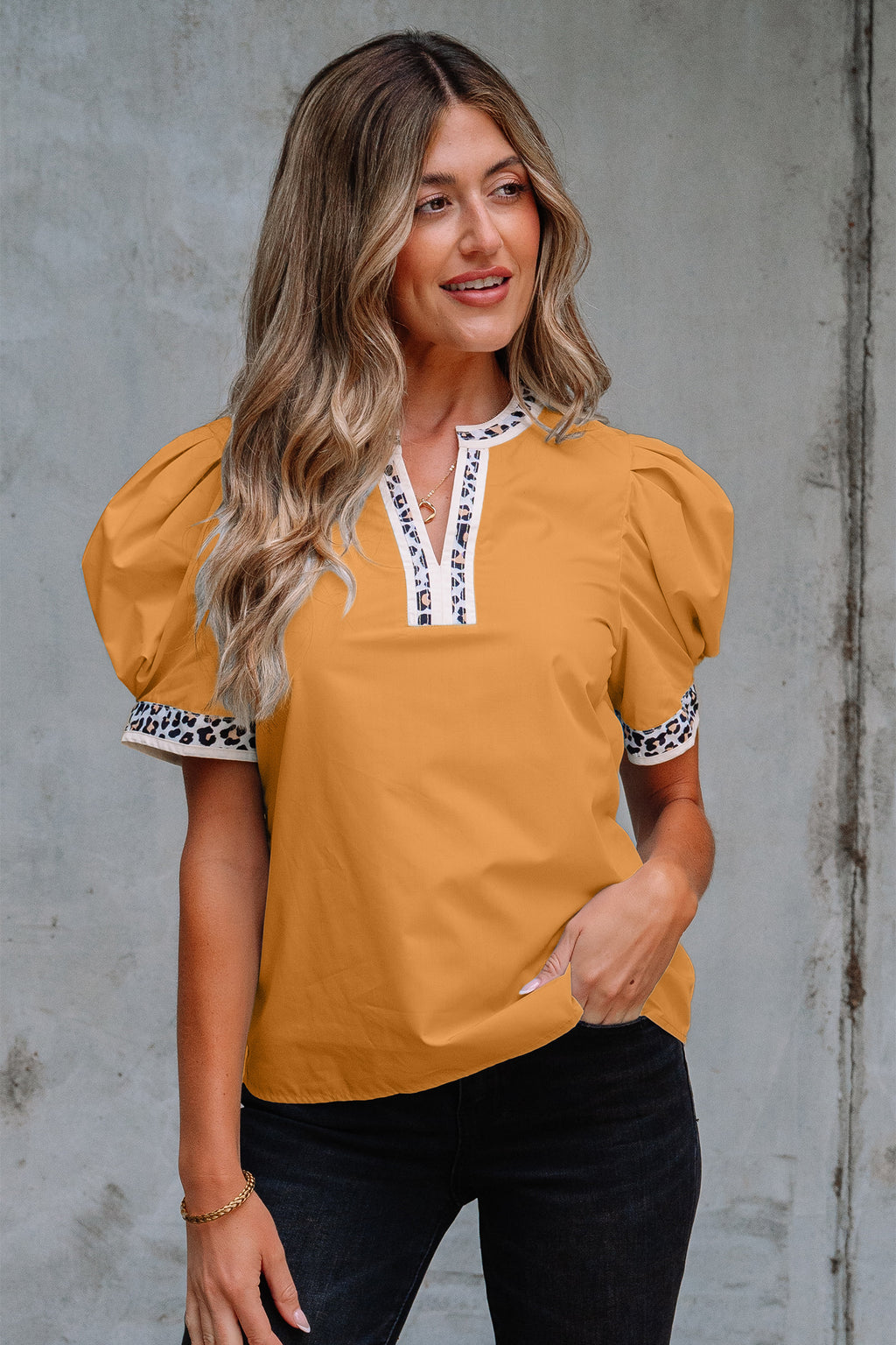 Beau Blue Contrast Leopard Trim Split Neck Puff Sleeve Blouse