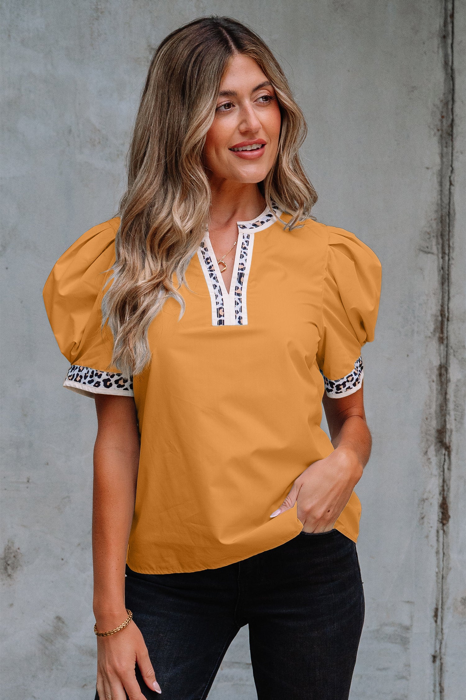Beau Blue Contrast Leopard Trim Split Neck Puff Sleeve Blouse