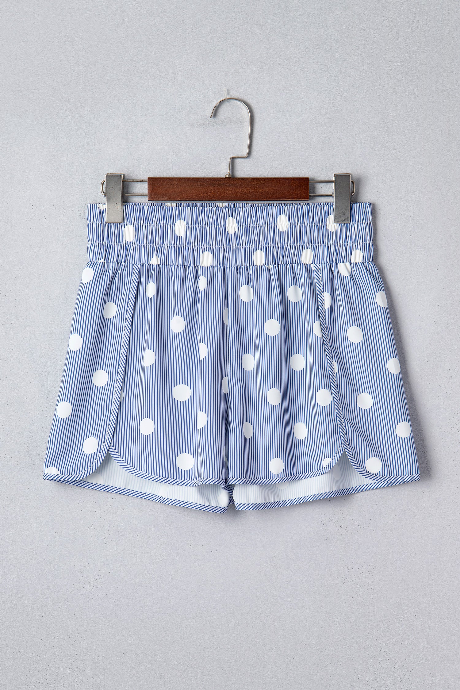Sky Blue Polka Dot Print Shirred High Waist Casual Shorts