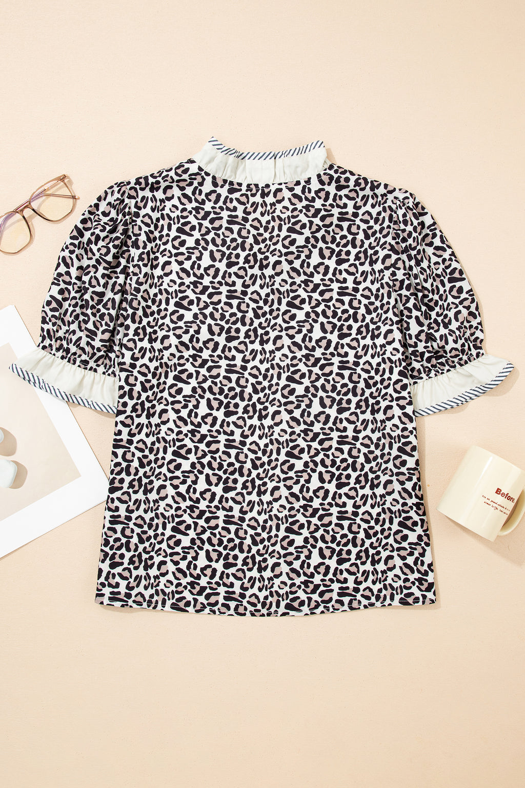 Black Leopard Print Striped Ruffled Color Block Trim V Neck Short Sleeve Blouse