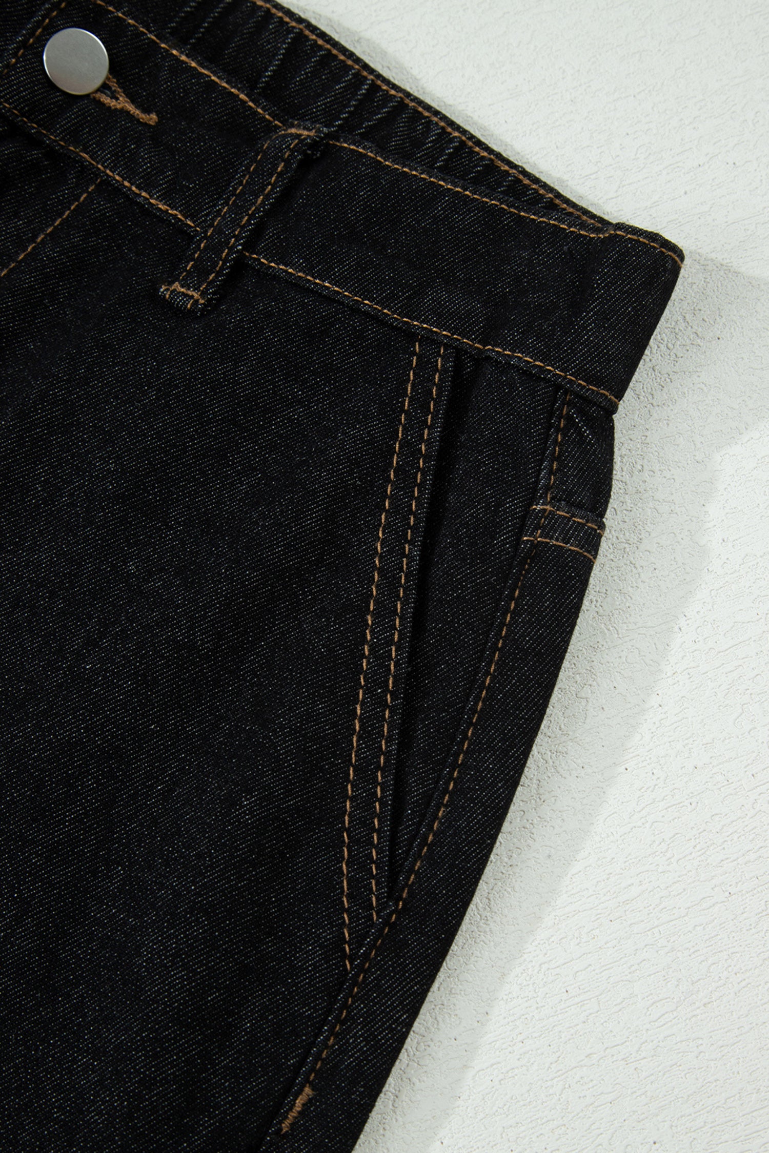 Navy Blue Embroidered Scalloped Trim Relaxed Denim Shorts
