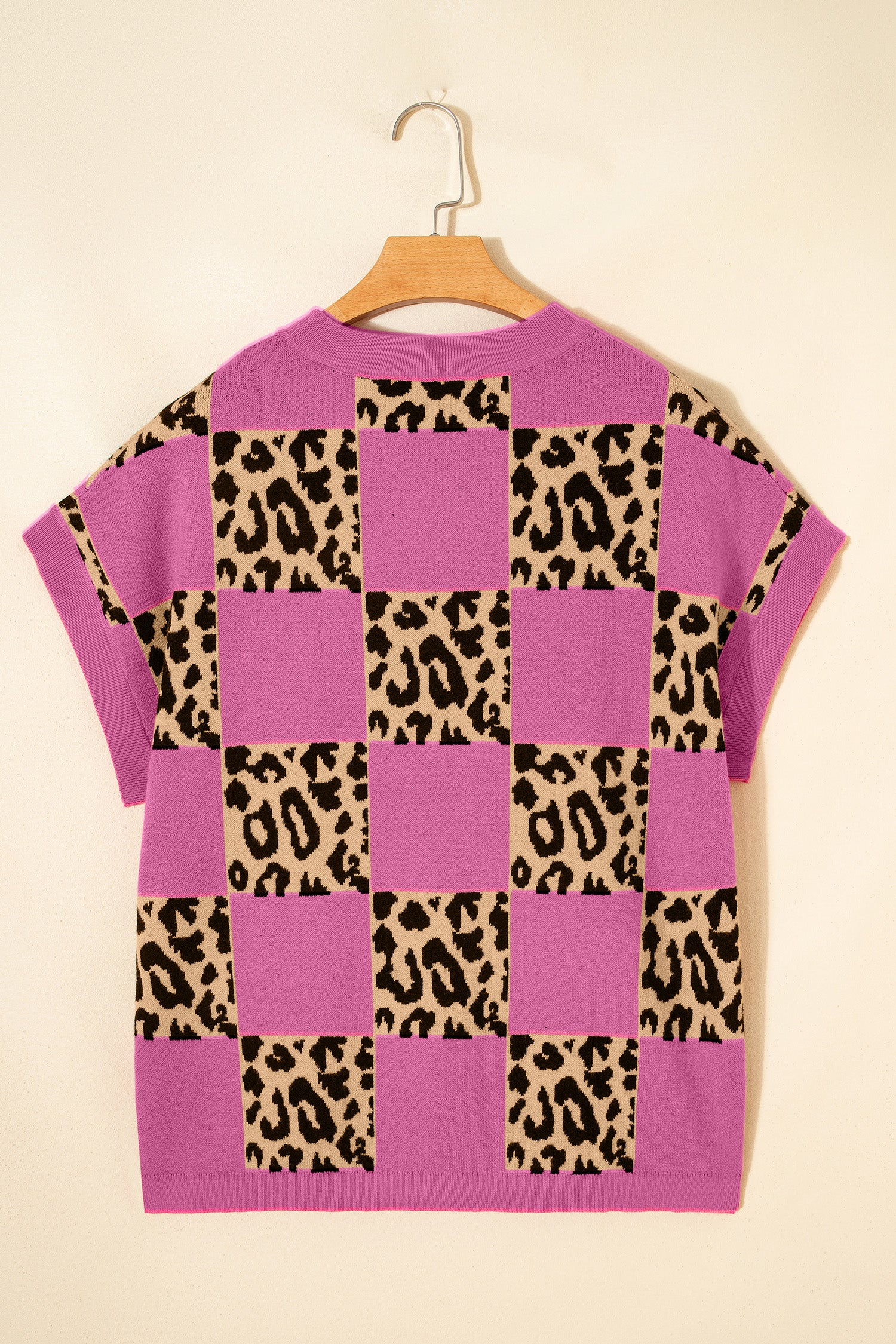 Green Leopard Checkerboard Short Sleeve Knit Sweater