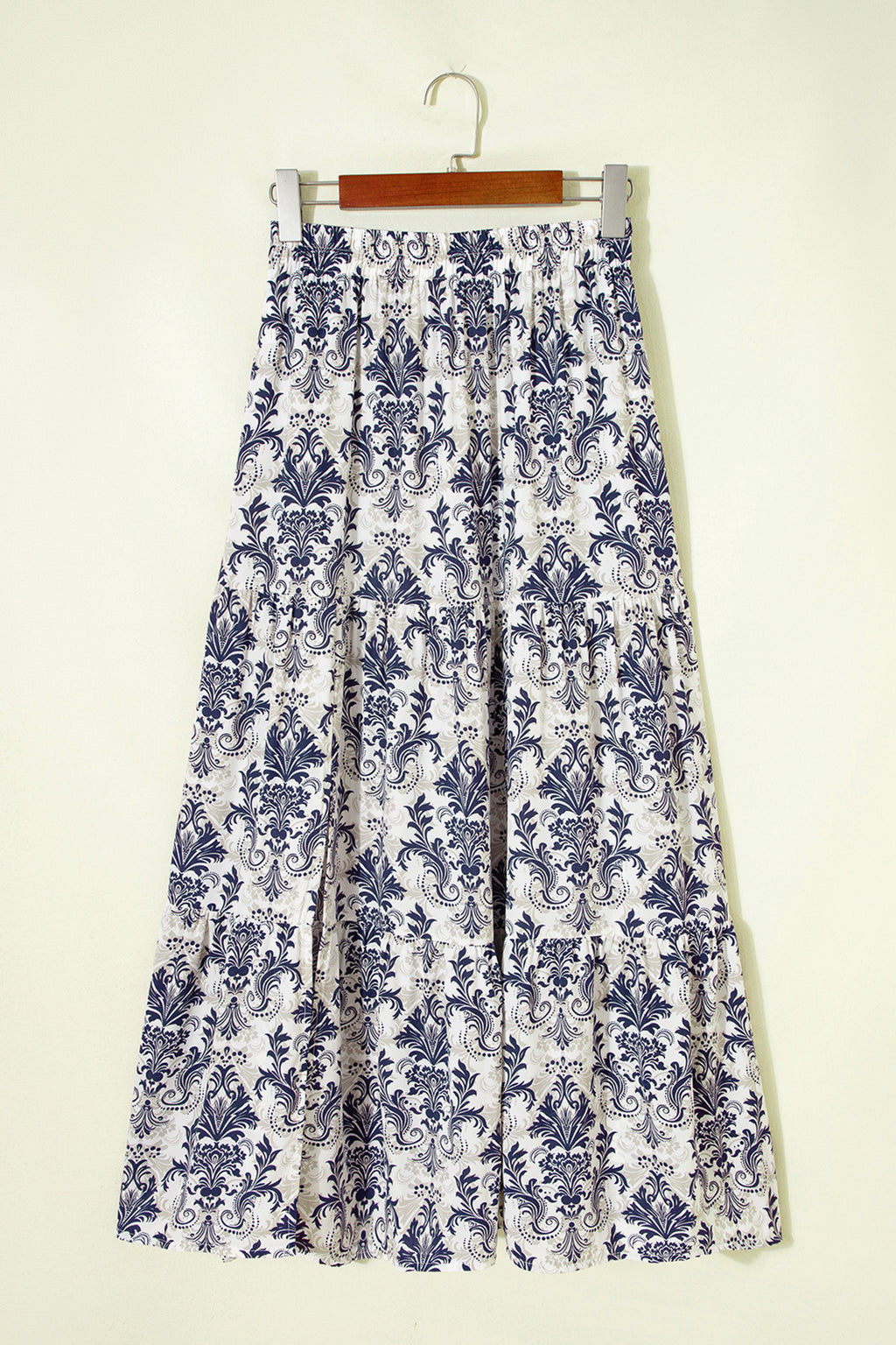 Sky Blue Bohemian Floral Print Tiered Maxi Skirt with Split