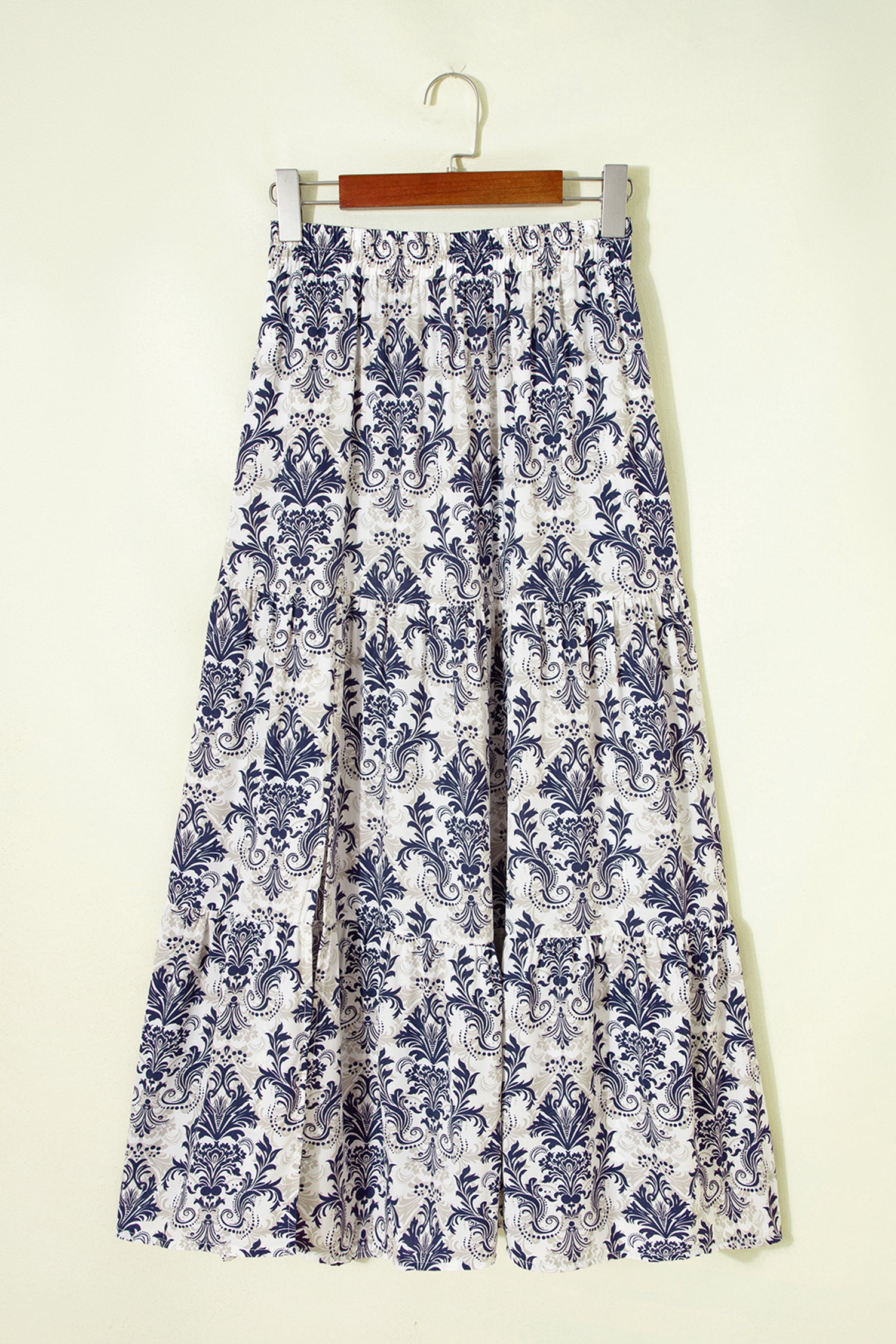 Sky Blue Bohemian Floral Print Tiered Maxi Skirt with Split