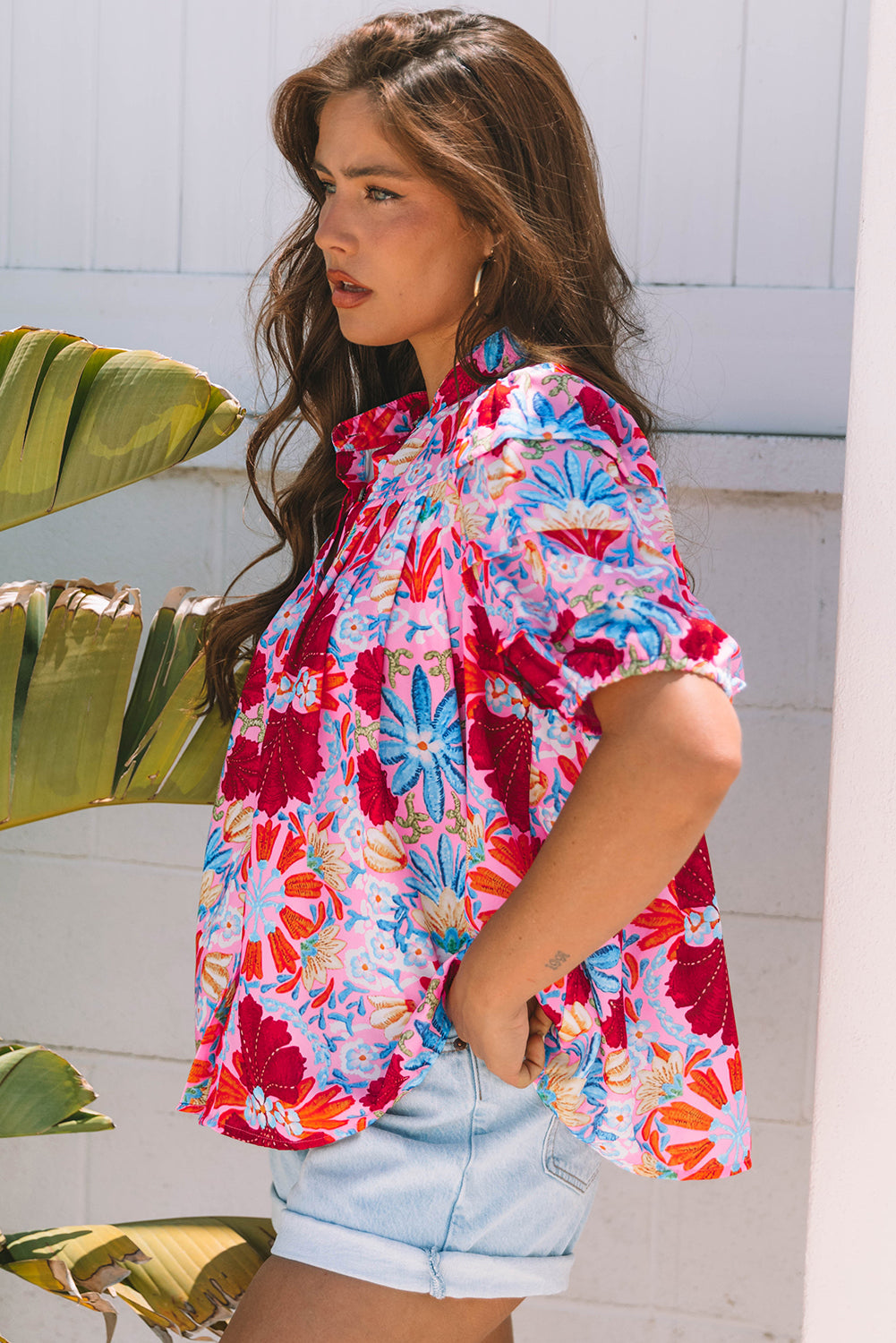 Pink Floral Print Bubble Sleeve Button Up Pleated Shirt