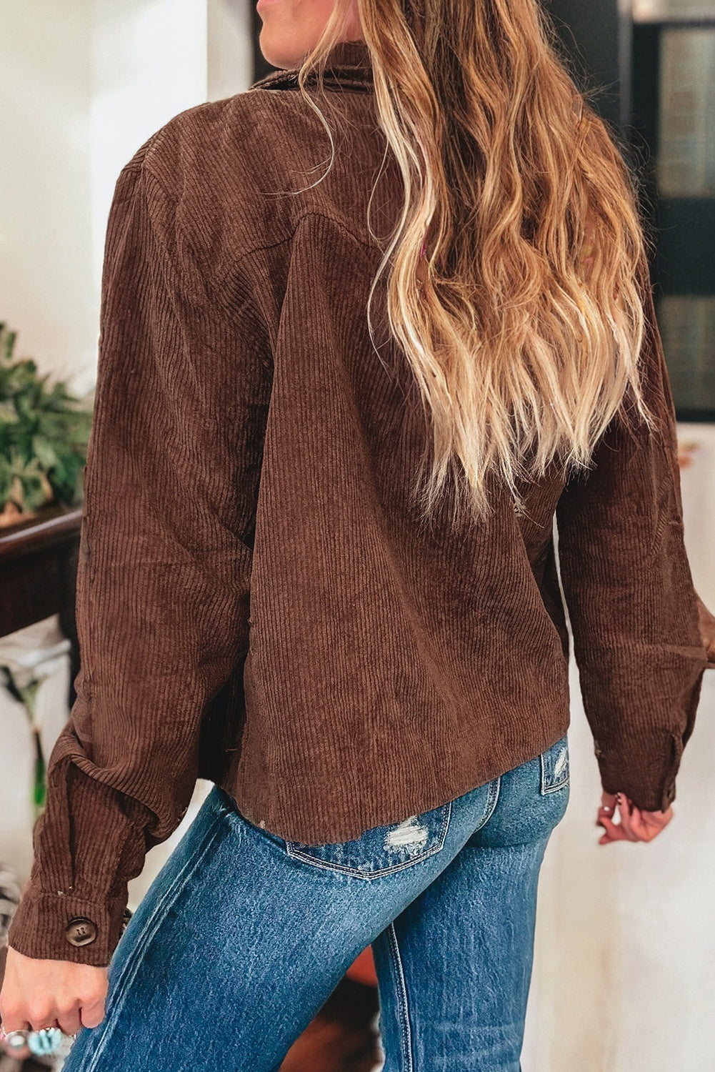 Coffee Floral Embroidered Collar Button Front Corduroy Jacket With Pocket