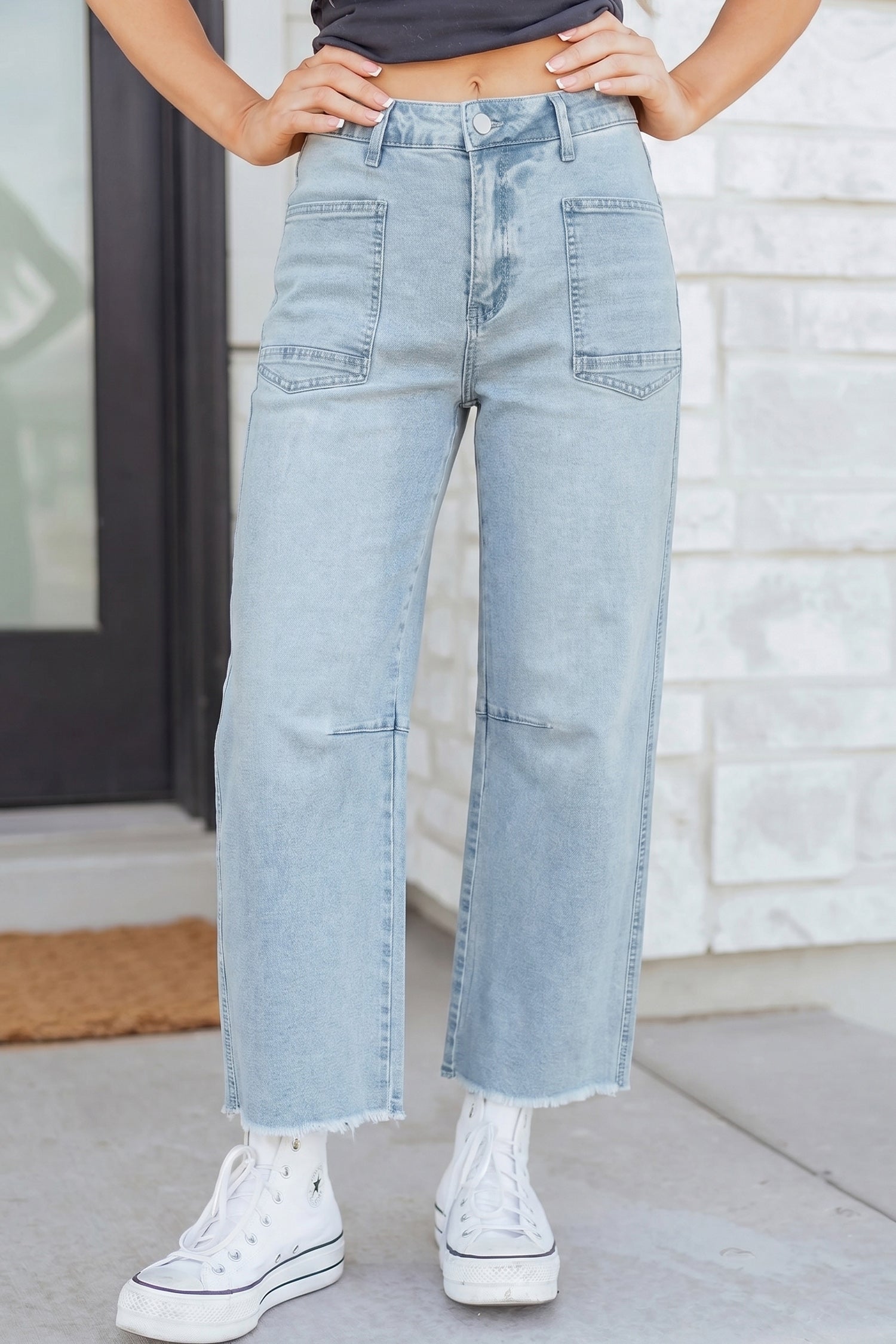 Sail Blue Frayed Cropped Straight Jeans