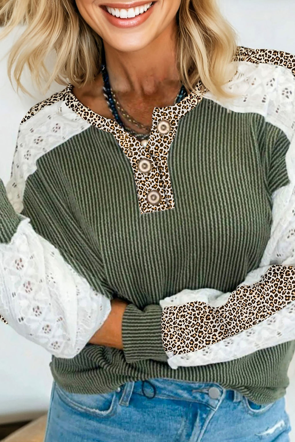 Dark Khaki Twisted Ribbed Leopard Lace Contrast Patchwork Long Sleeve Top