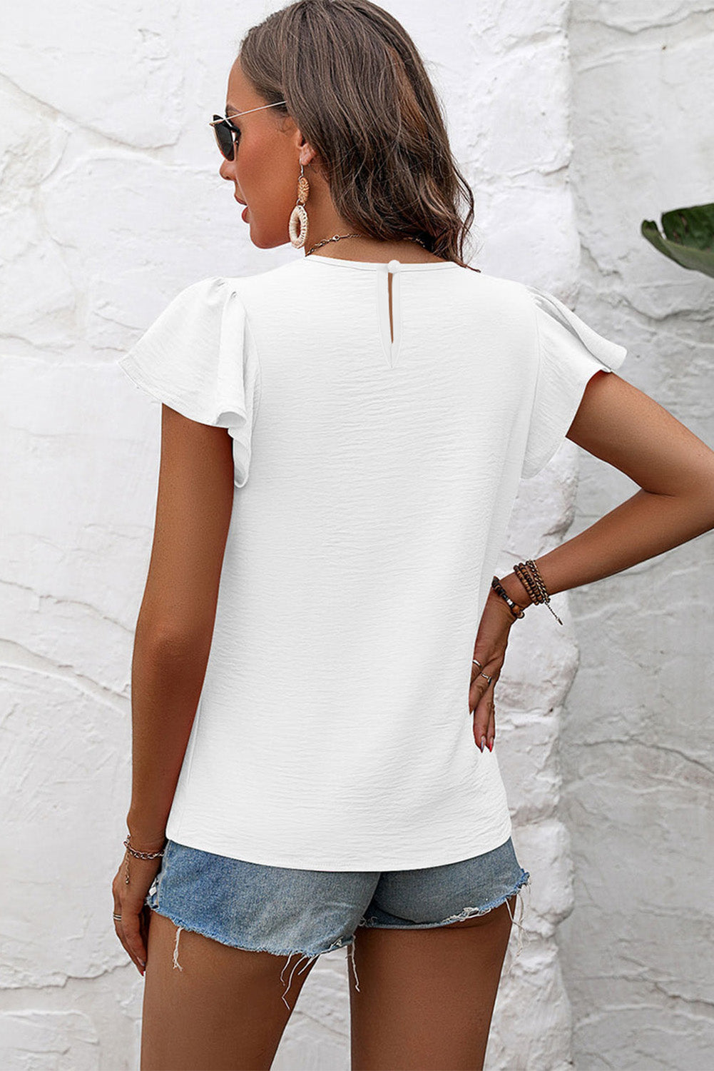 White Flounce Sleeve Pleated Textured Blouse