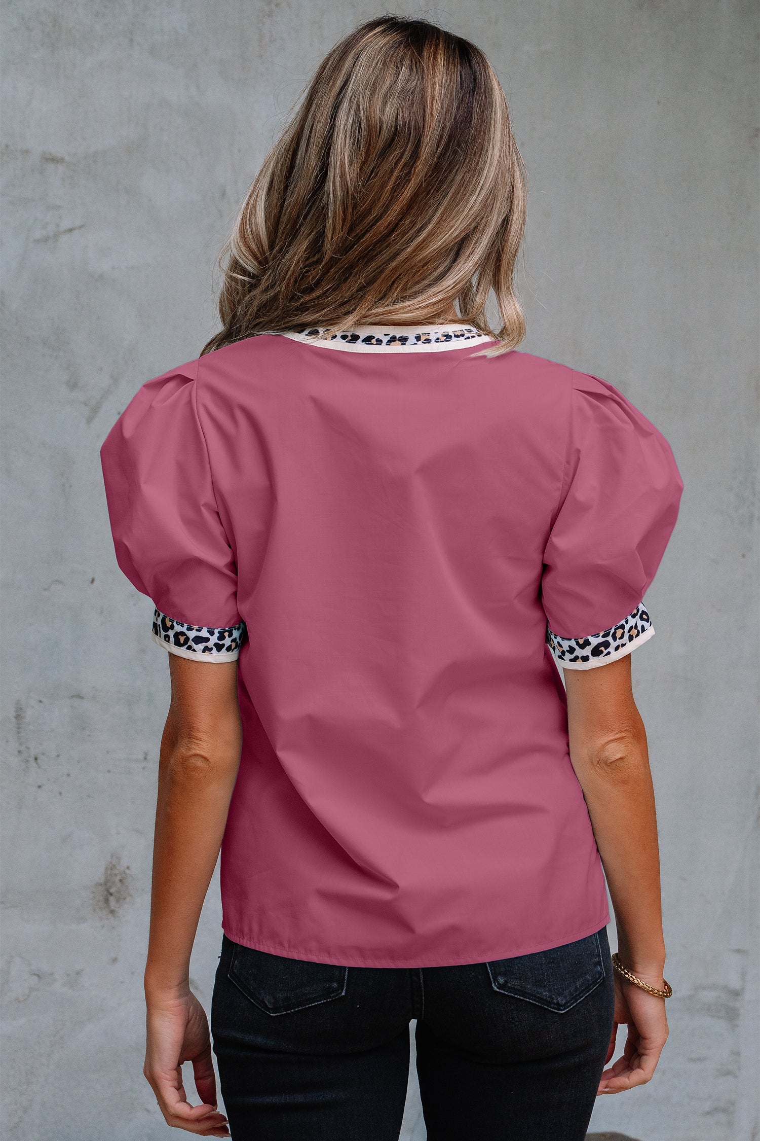 Beau Blue Contrast Leopard Trim Split Neck Puff Sleeve Blouse