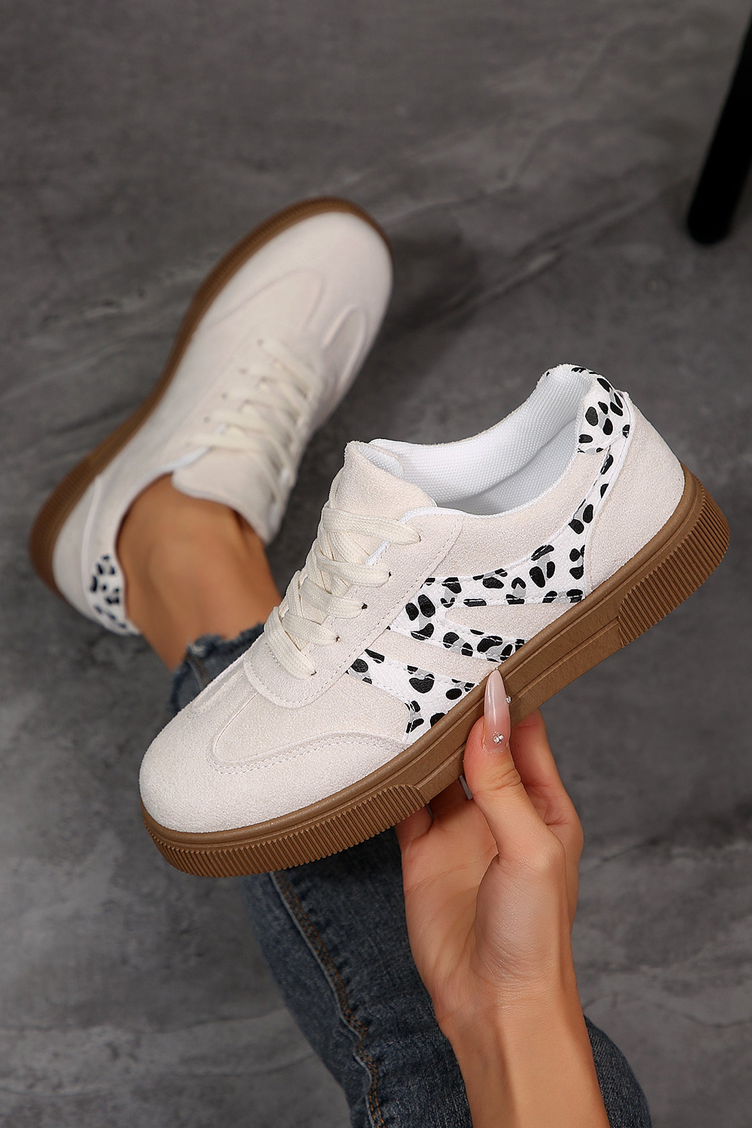 White Suede Leopard Color Block Trim Lace Up Casual Shoes