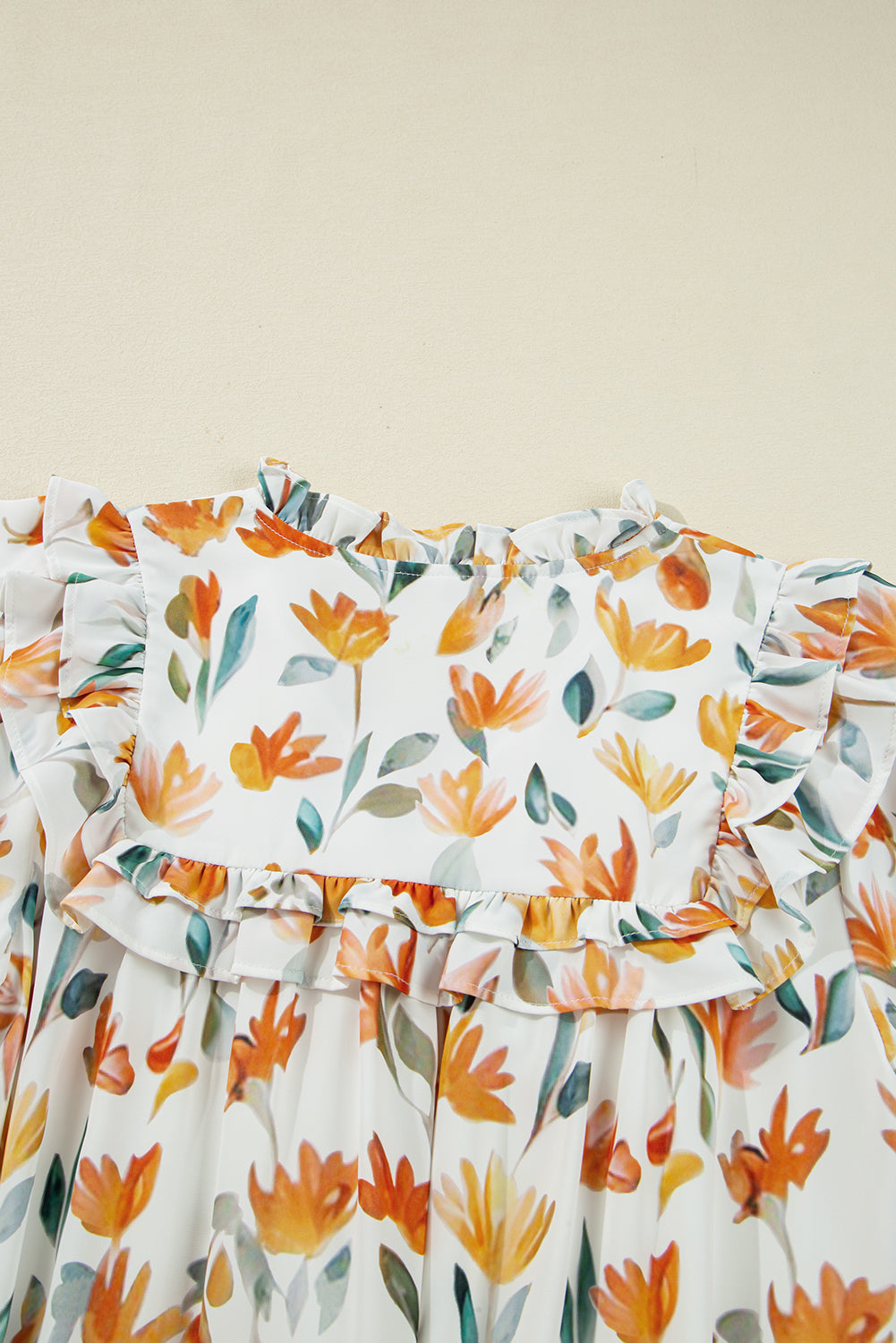 Yellow Floral Print Tie Neck Frilled Detail Long Sleeve Mini Dress