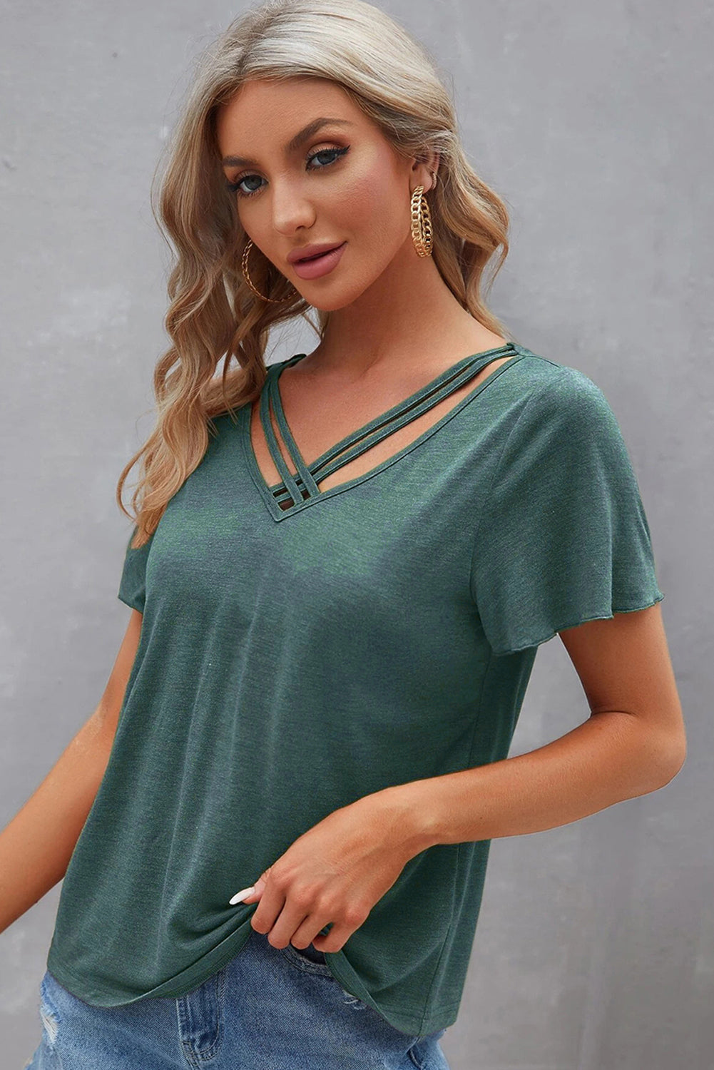 Black Crisscross V Neck Butterfly Sleeve T Shirt
