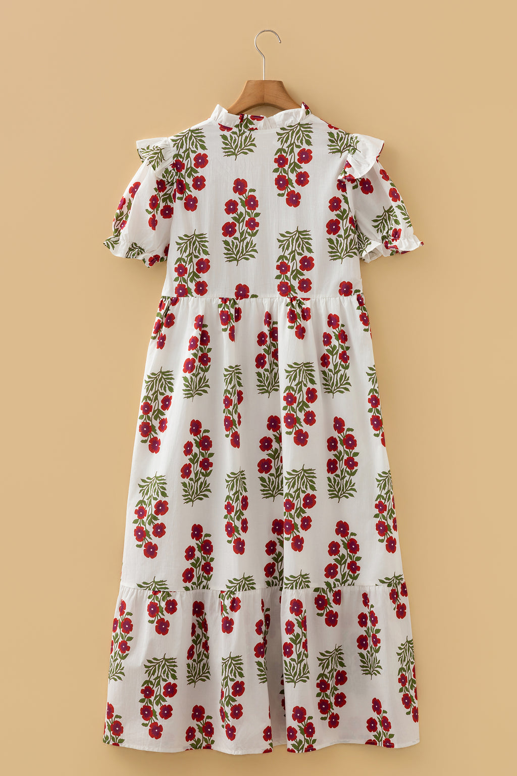 White Floral Print V Neck 3/4 Sleeve Loose Mini Dress