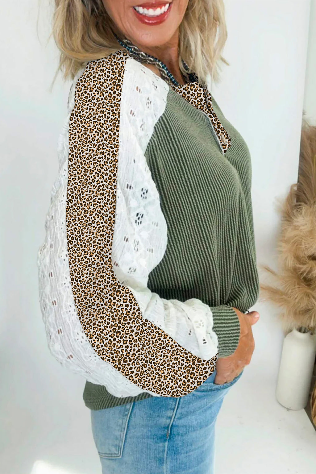 Dark Khaki Twisted Ribbed Leopard Lace Contrast Patchwork Long Sleeve Top