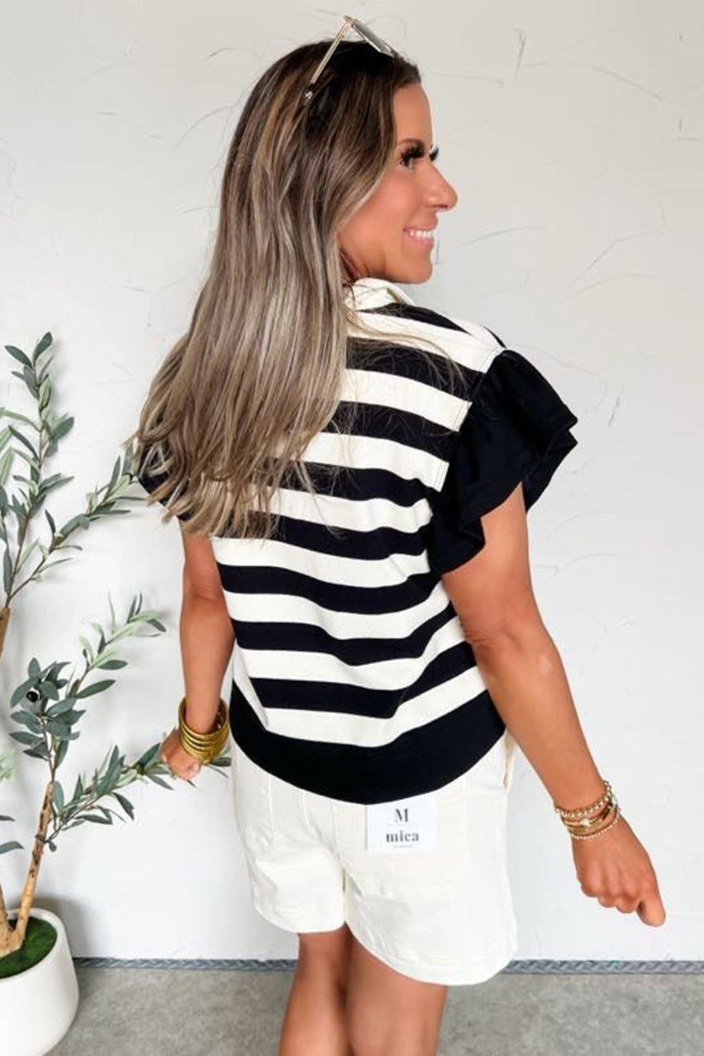 Pink Stripe Collar V Neck Ruffled Short Sleeve Blouse