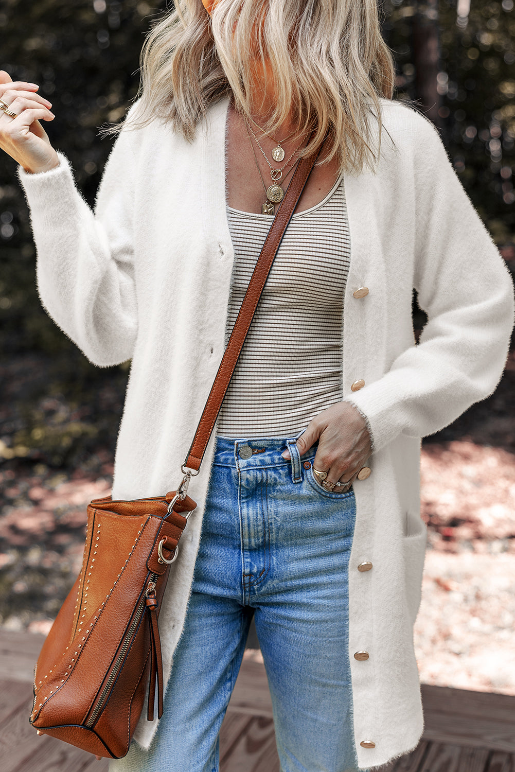 Smoke Gray Fuzzy Buttoned Front Midi Solid Cardigan