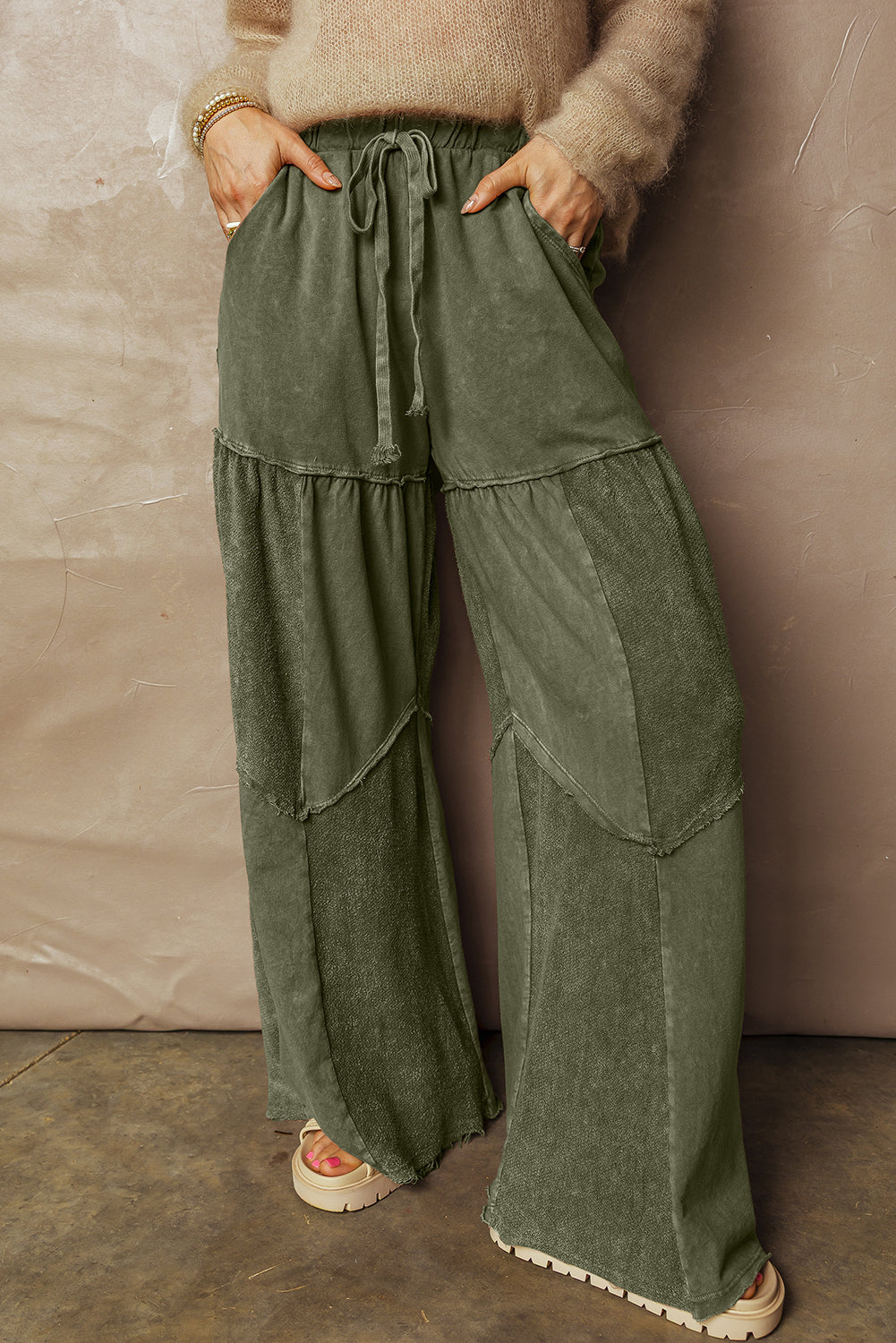 Black Mineral Wash Tiered Wide Leg Patchwork Drawstring Pants