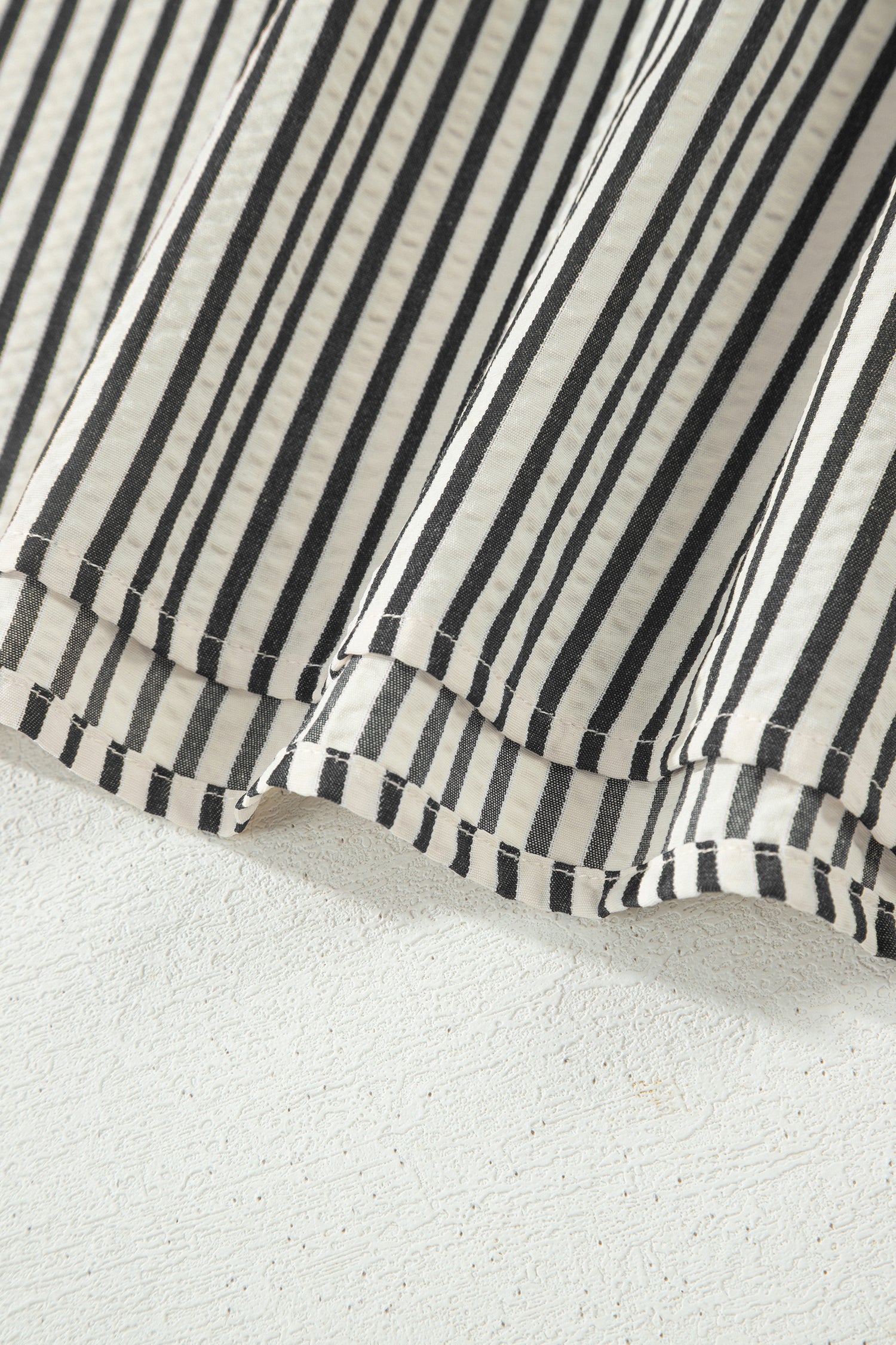 Black Stripe Double Ruffled Short Sleeve V Neck Blouse