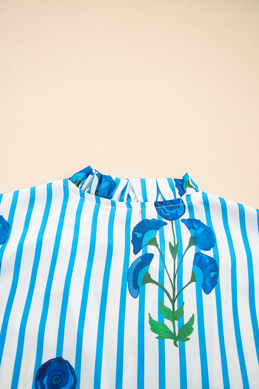 Sky Blue Stripe Floral Buttoned Frilly Notched Neck Puff Sleeve Summer Blouse