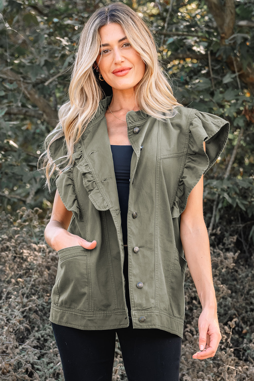 Green Bay Ruffled Patchwork Denim Jacket Vest