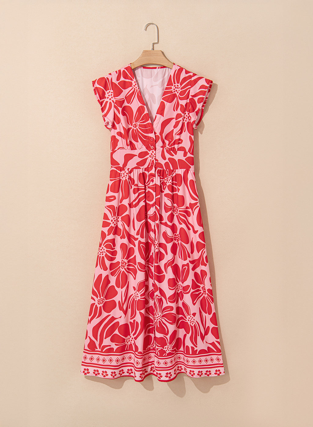 Red Boho Floral Short Sleeve V Neck Buttoned Shirred Waist Long Dress