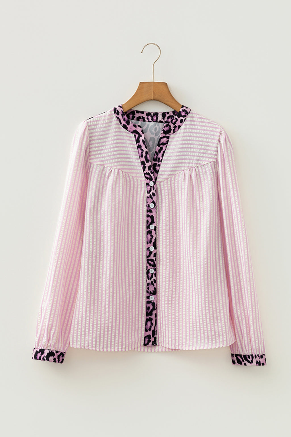Pink Stripe Leopard Patchwork Long Sleeve Shirt